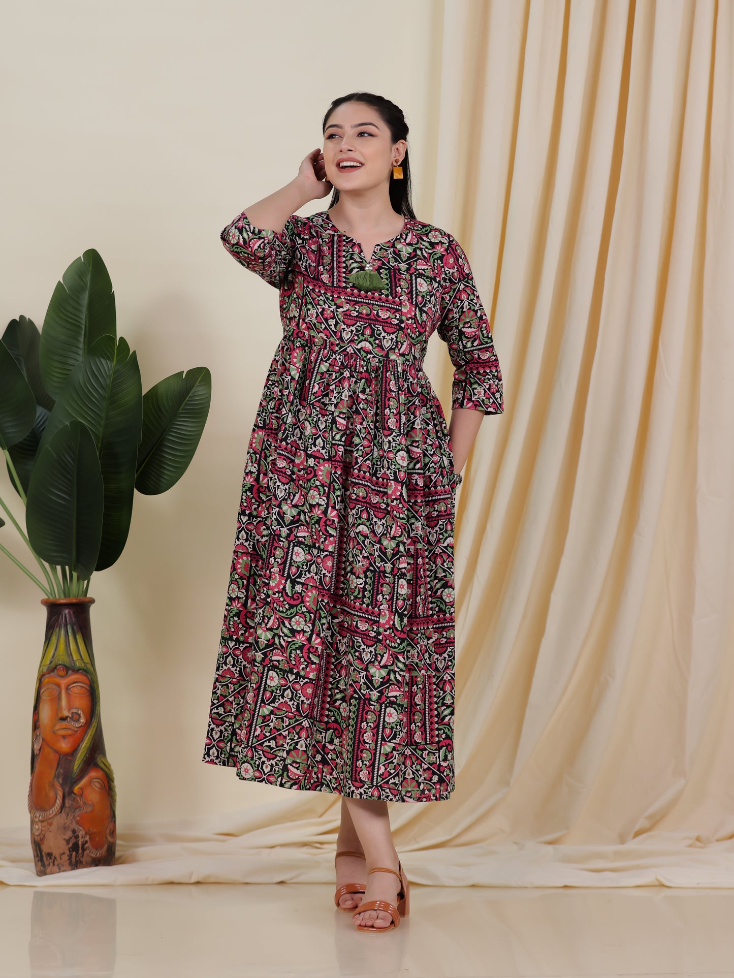 Soft Cotton Patchwork Anarkali Black Dress