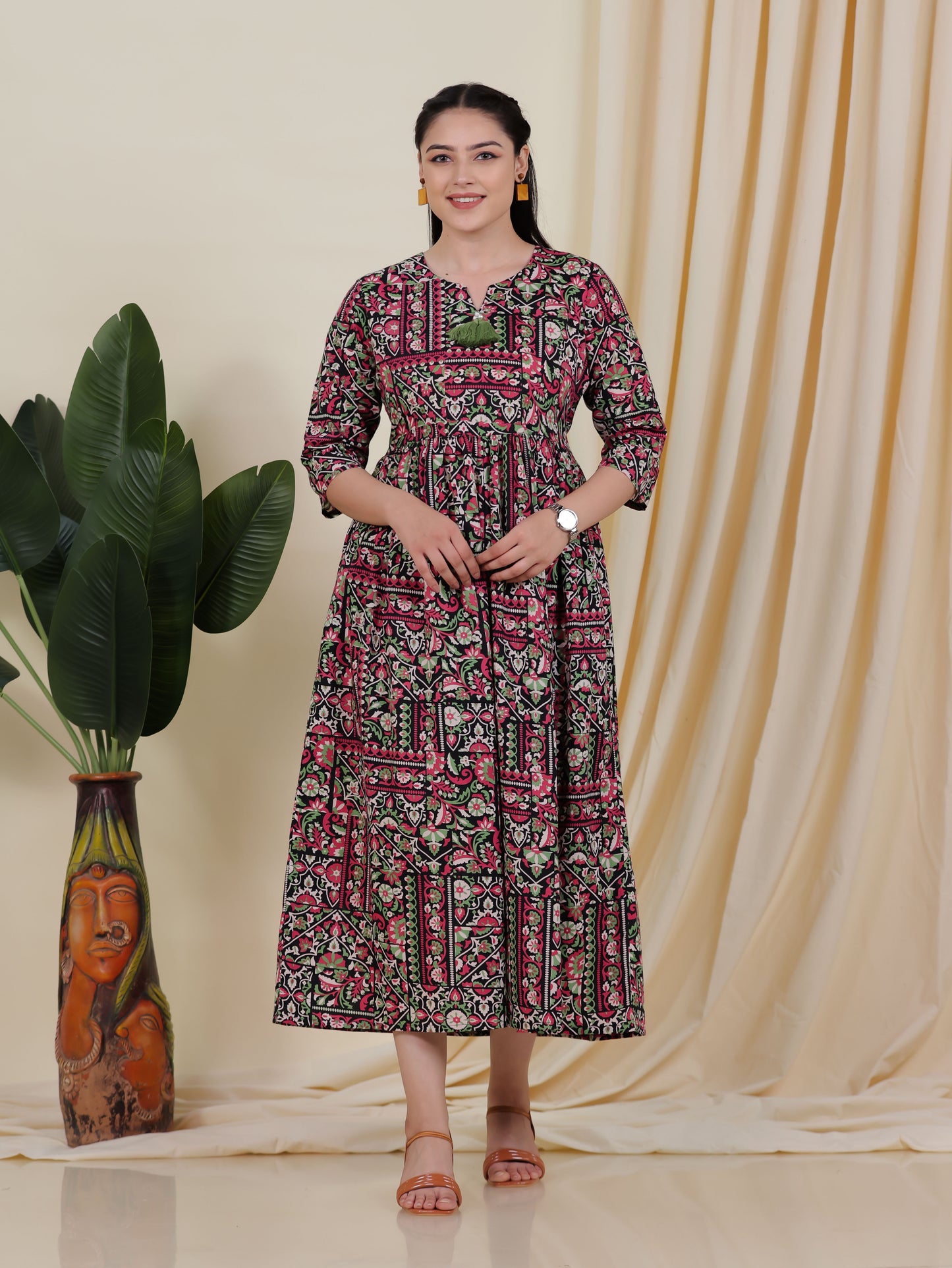 Soft Cotton Patchwork Anarkali Black Dress