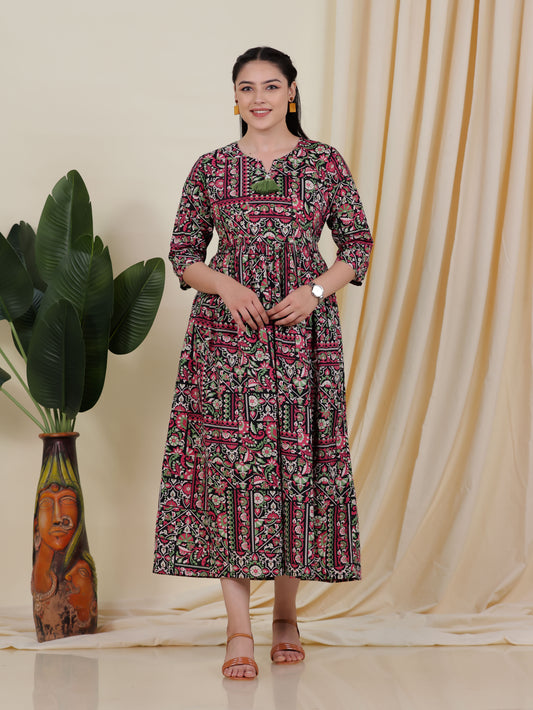 Soft Cotton Patchwork Anarkali Black Dress