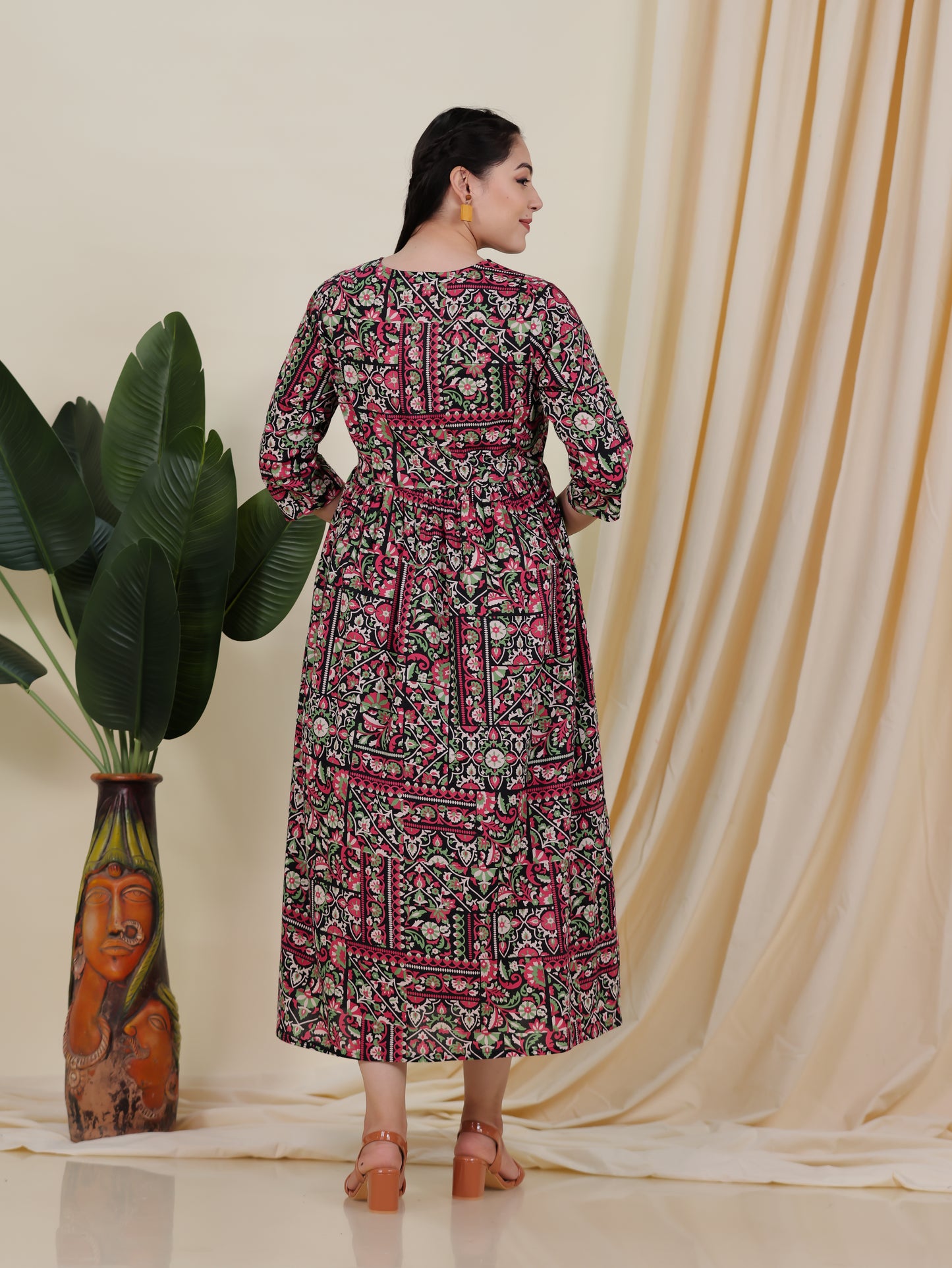 Soft Cotton Patchwork Anarkali Black Dress