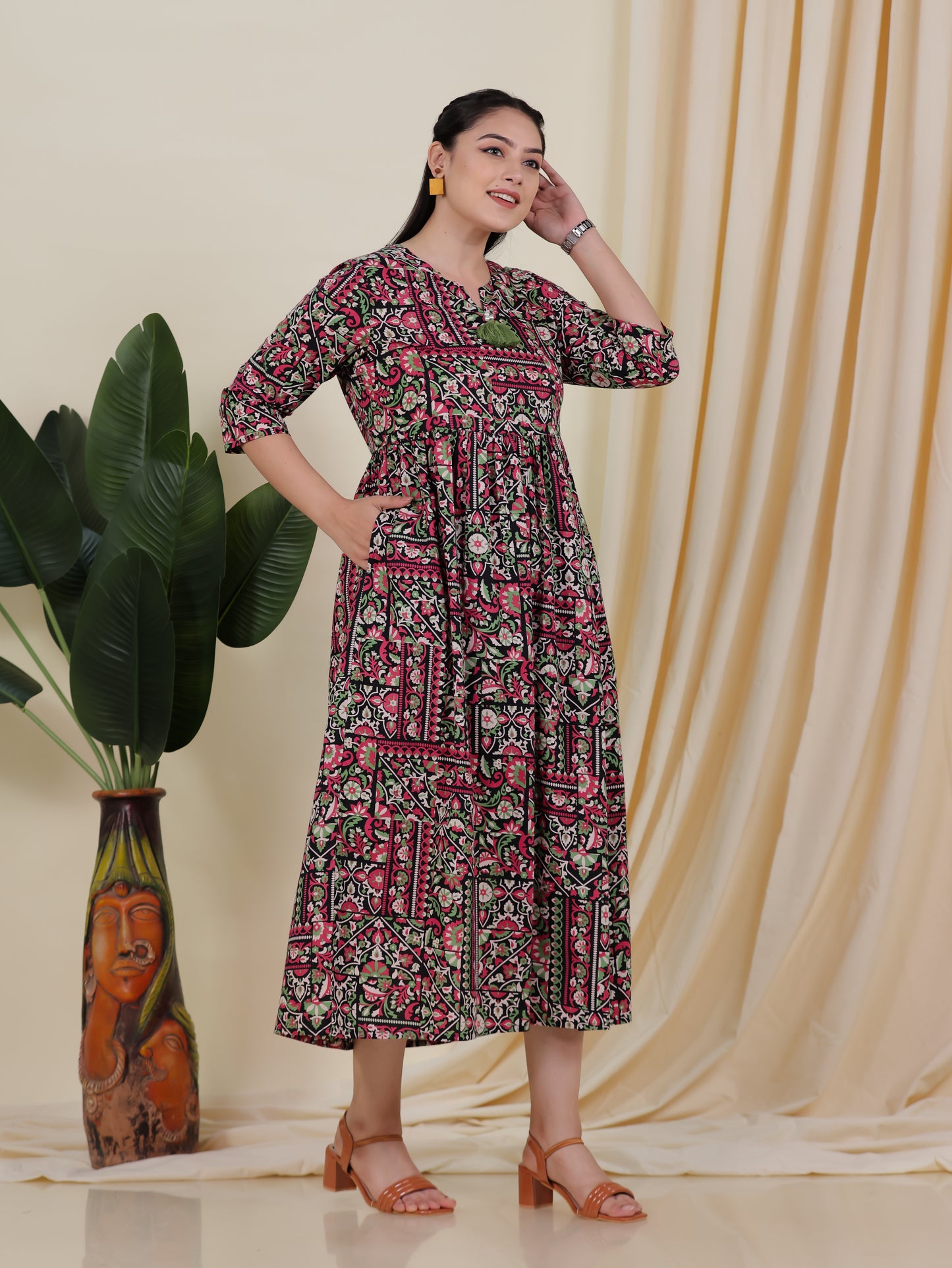 Soft Cotton Patchwork Anarkali Black Dress