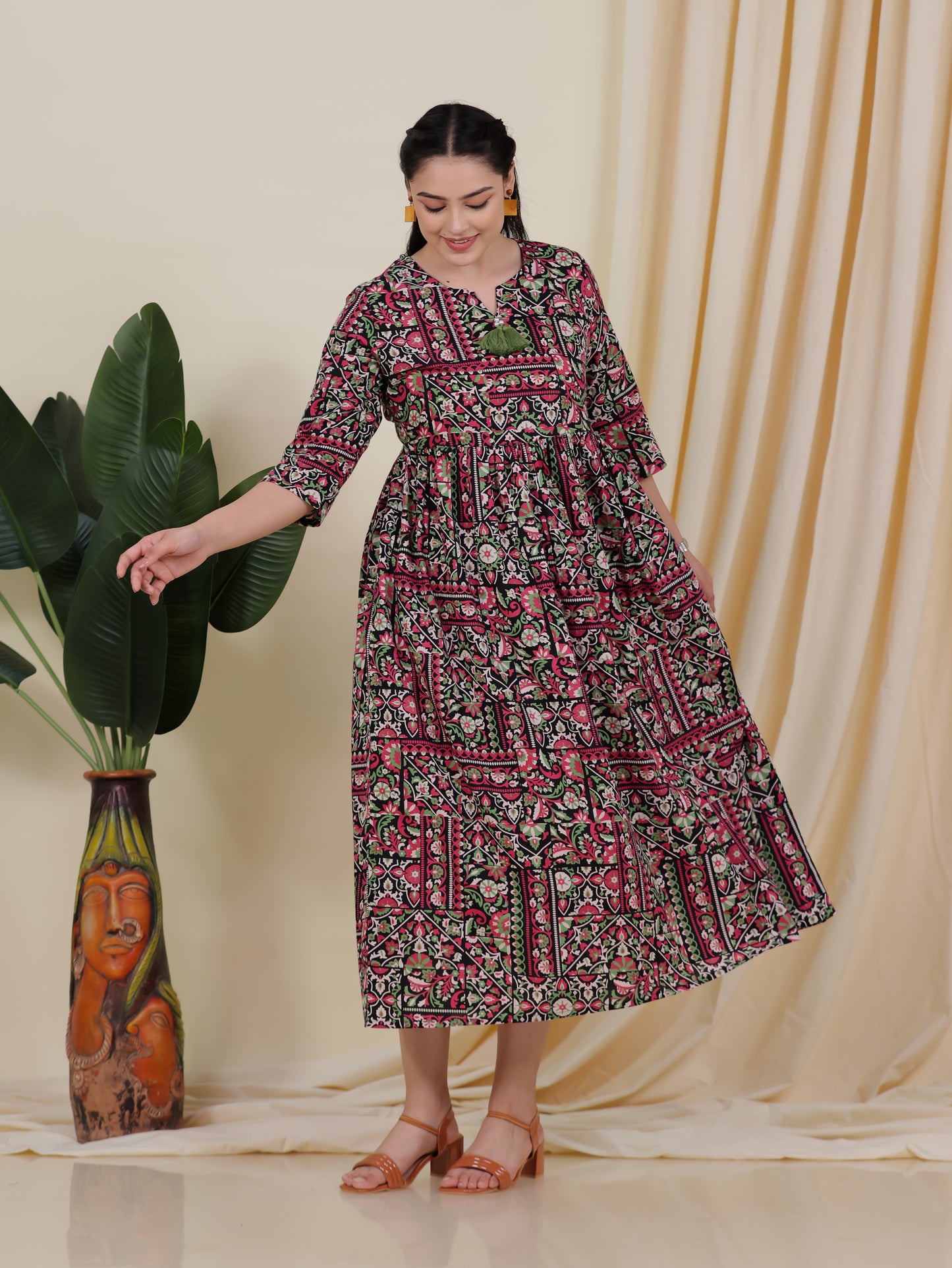 Soft Cotton Patchwork Anarkali Black Dress