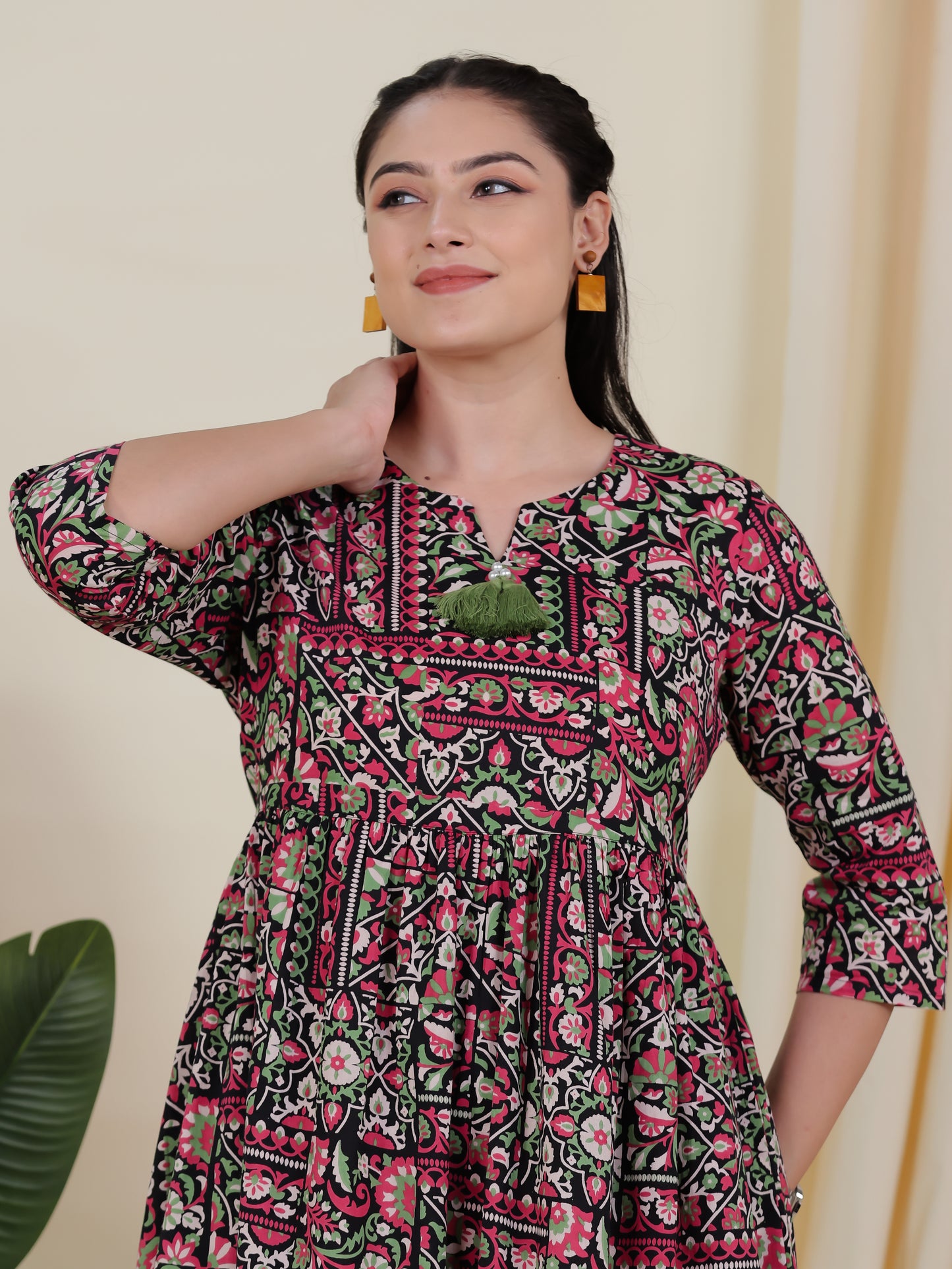 Soft Cotton Patchwork Anarkali Black Dress