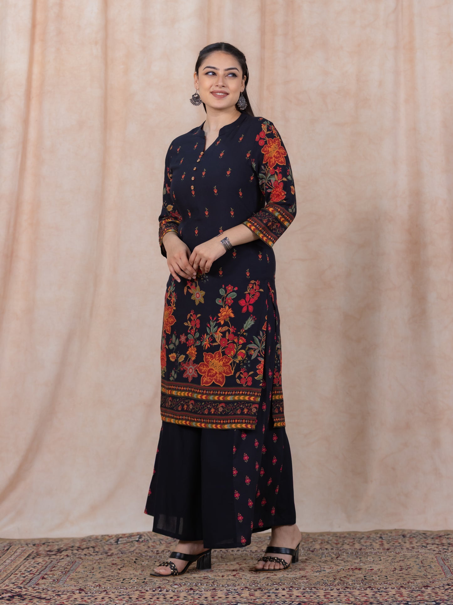 Viscose Floral Straight Black Kurta
