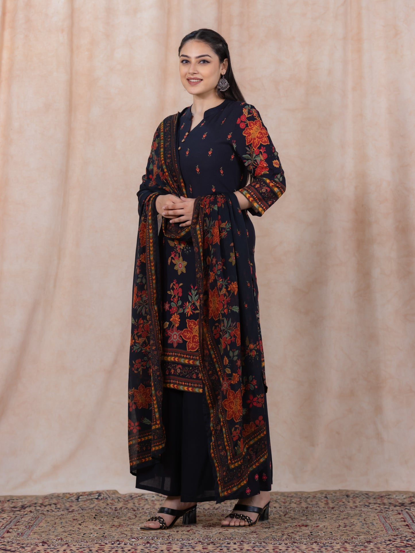 Viscose Floral Straight Black Kurta