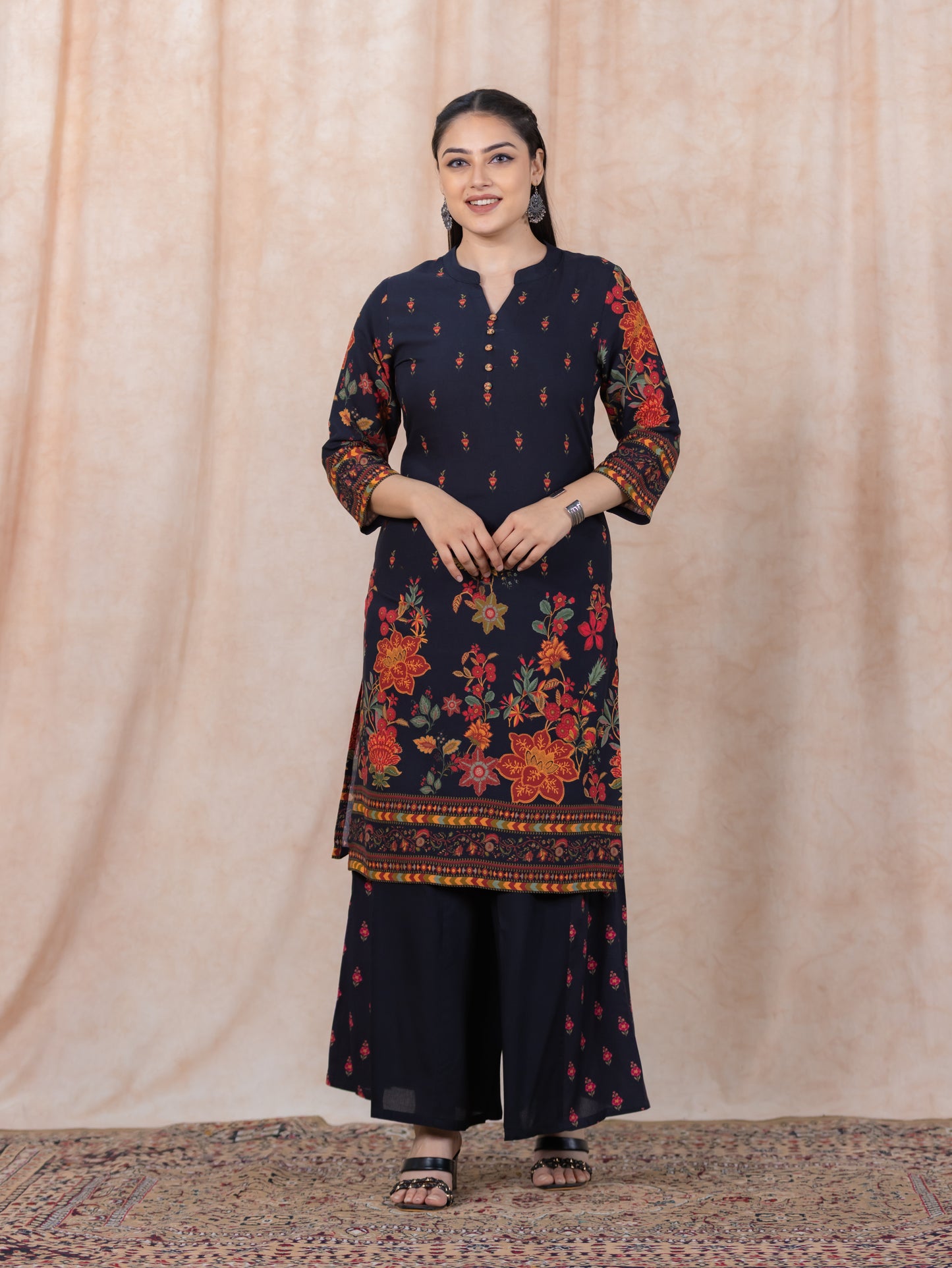 Viscose Floral Straight Black Kurta
