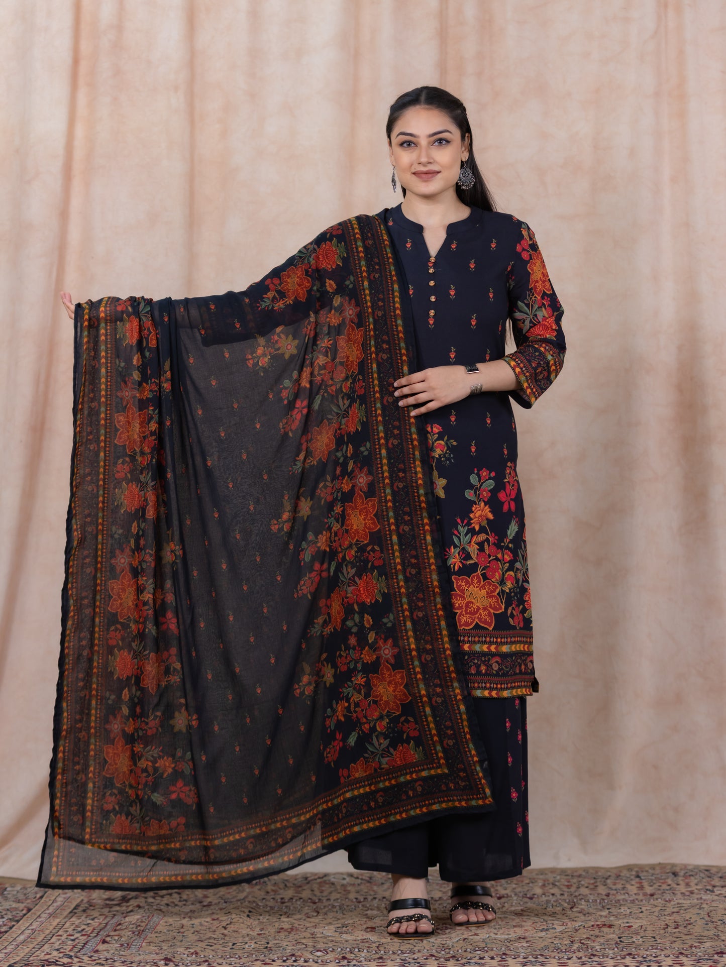 Viscose Floral Straight Black Kurta