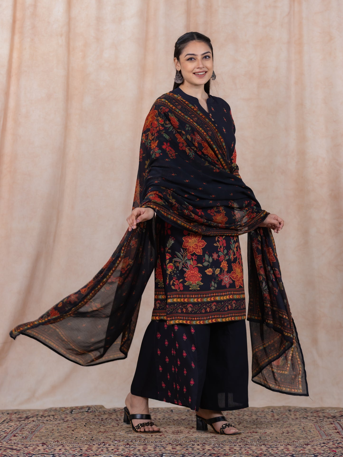 Viscose Floral Straight Black Kurta