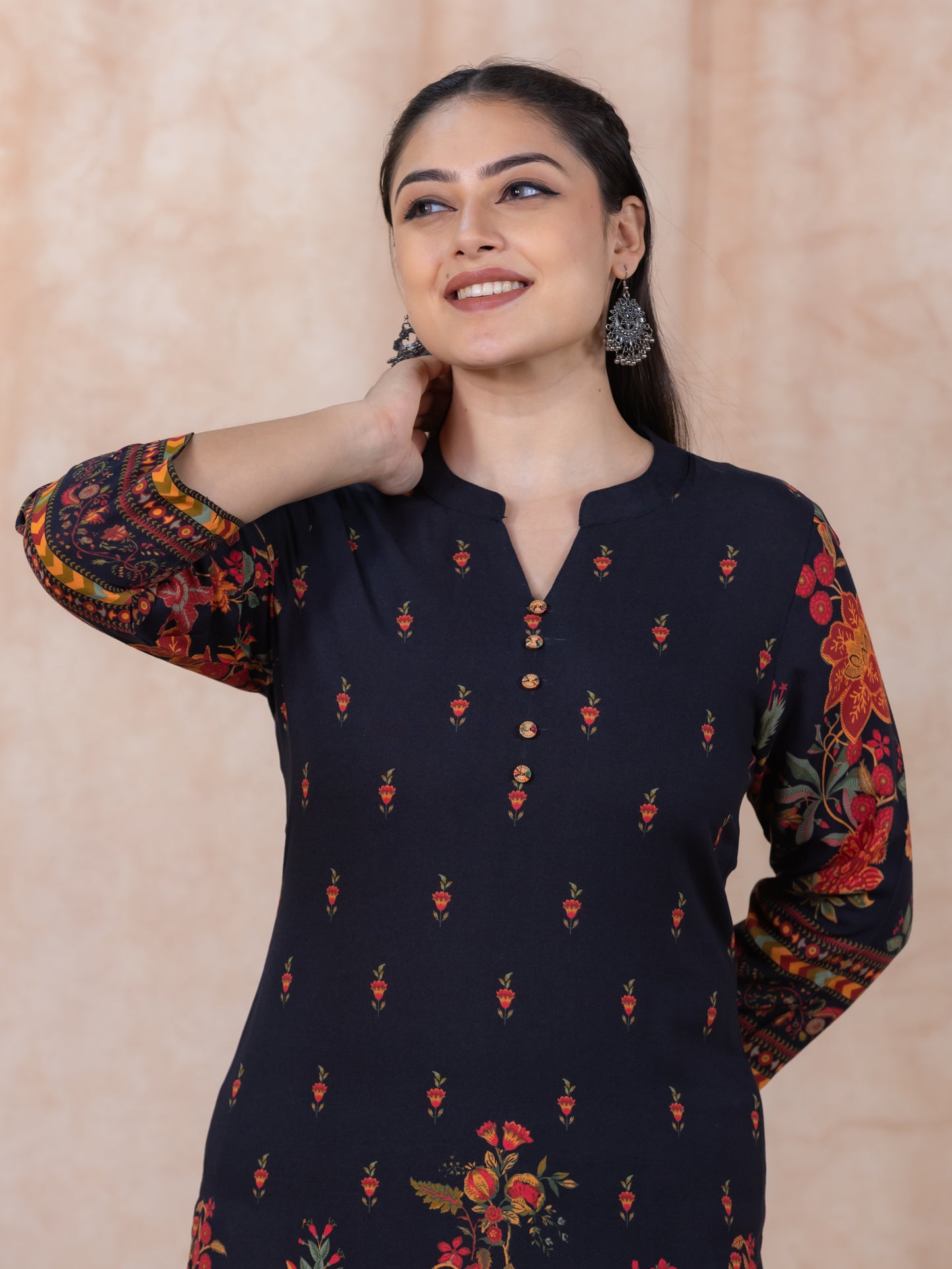 Viscose Floral Straight Black Kurta