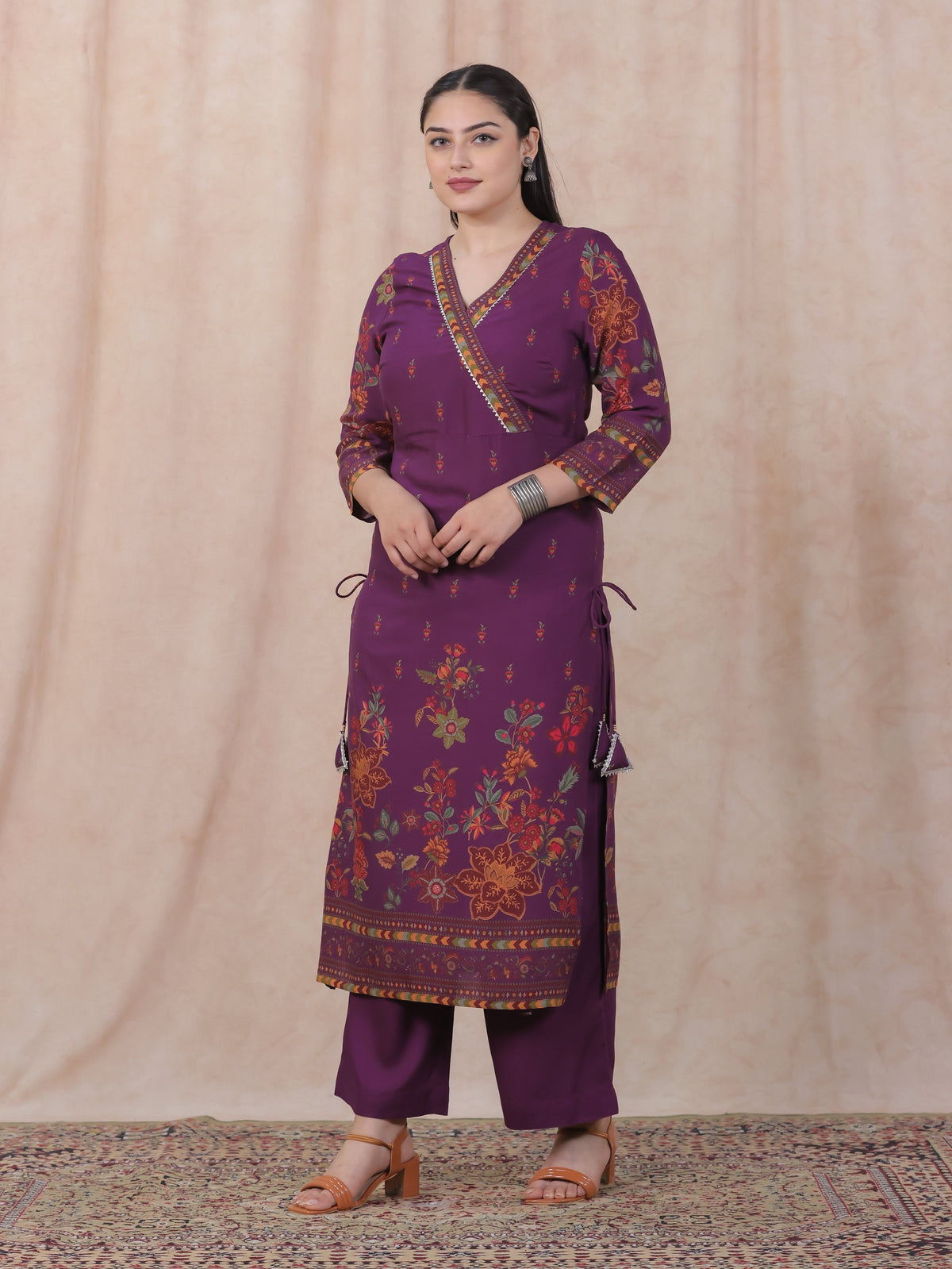 Viscose Placement Print Angrakha Mauve Kurta