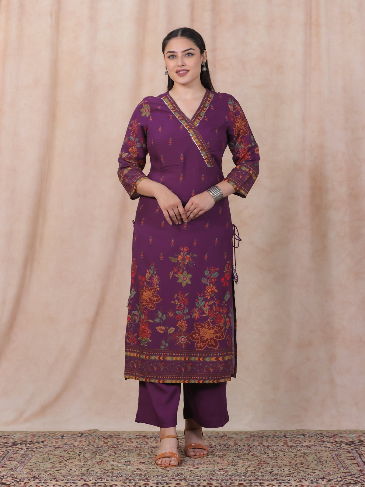 Viscose Placement Print Angrakha Mauve Kurta