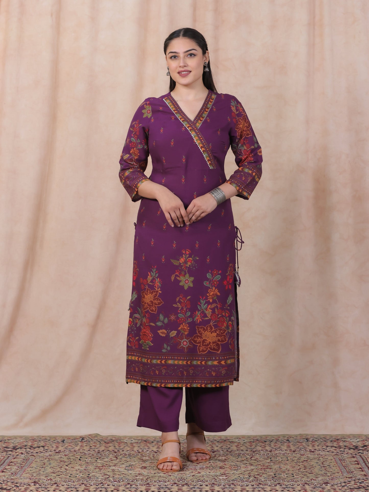 Viscose Placement Print Angrakha Mauve Kurta