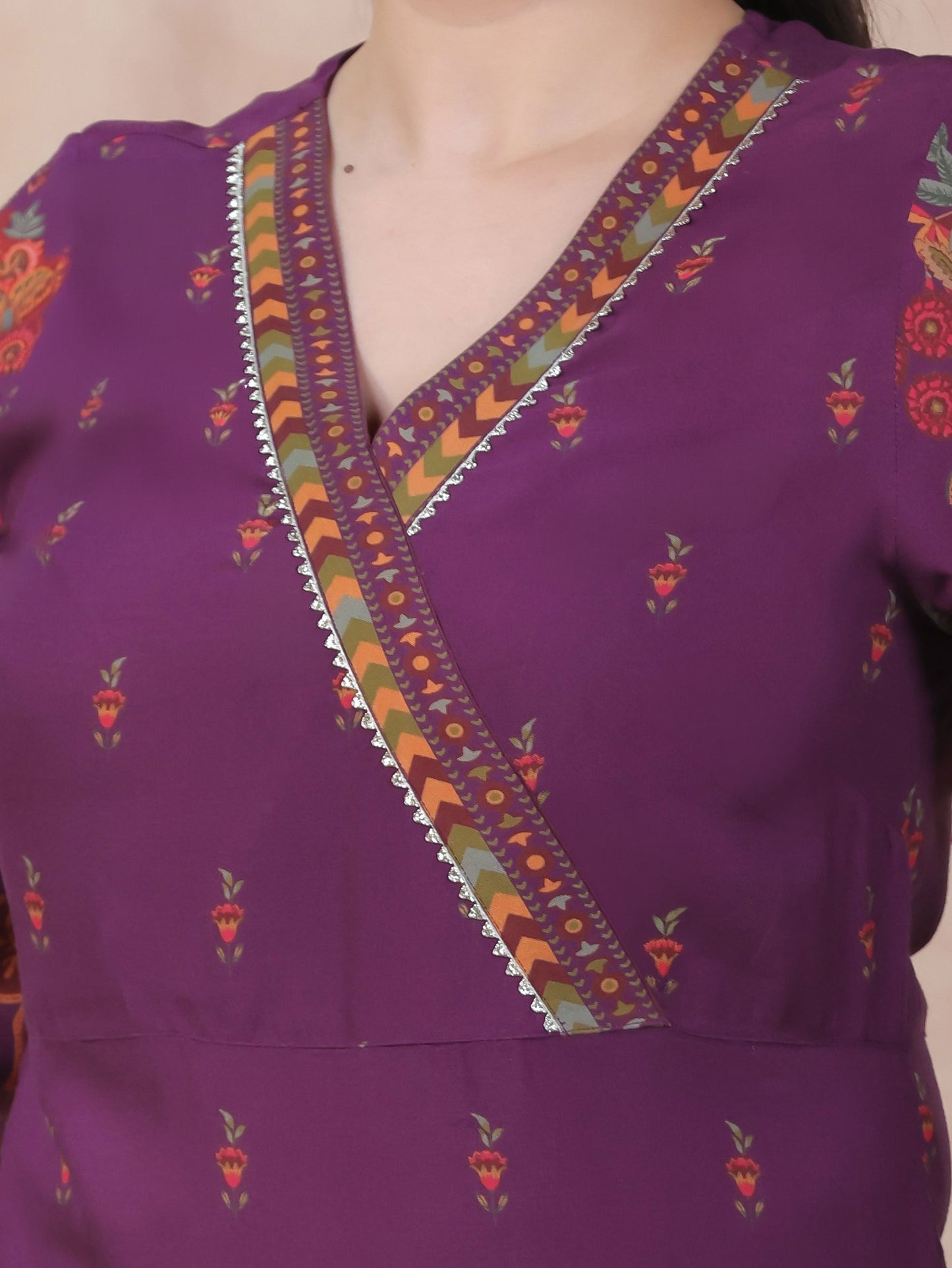 Viscose Placement Print Angrakha Mauve Kurta