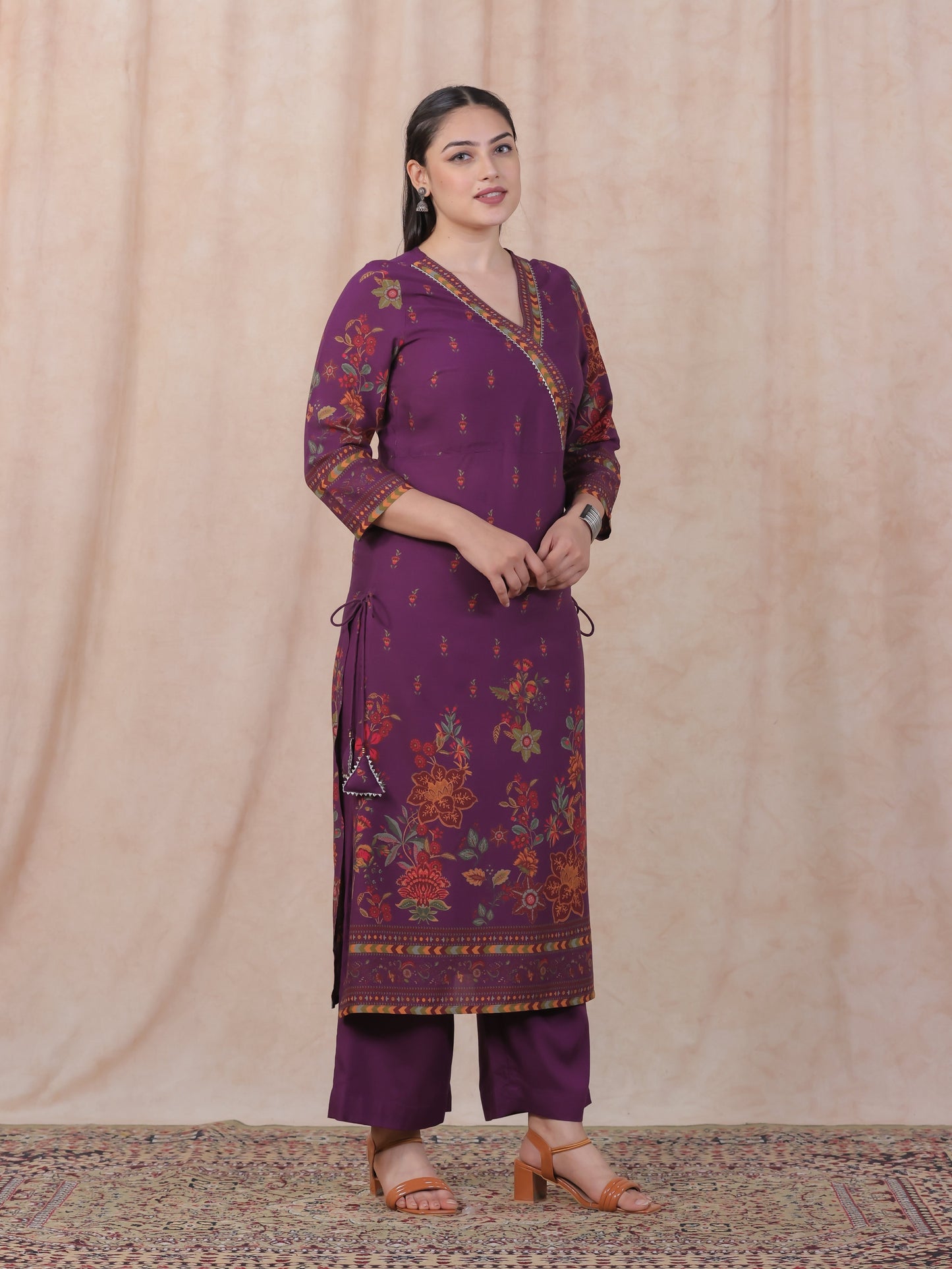 Viscose Placement Print Angrakha Mauve Kurta