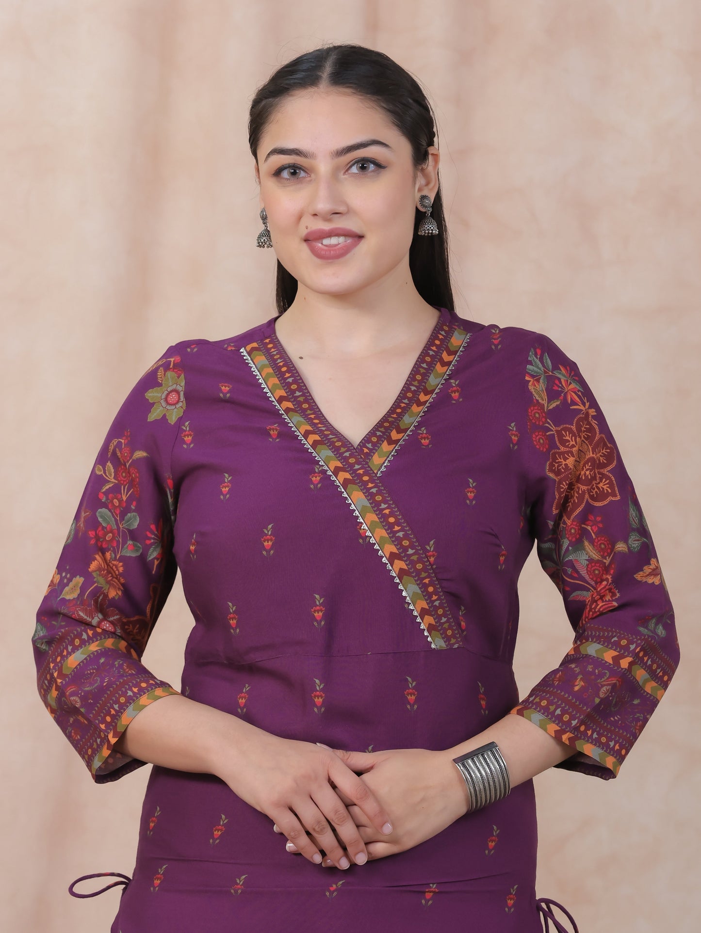 Viscose Placement Print Angrakha Mauve Kurta
