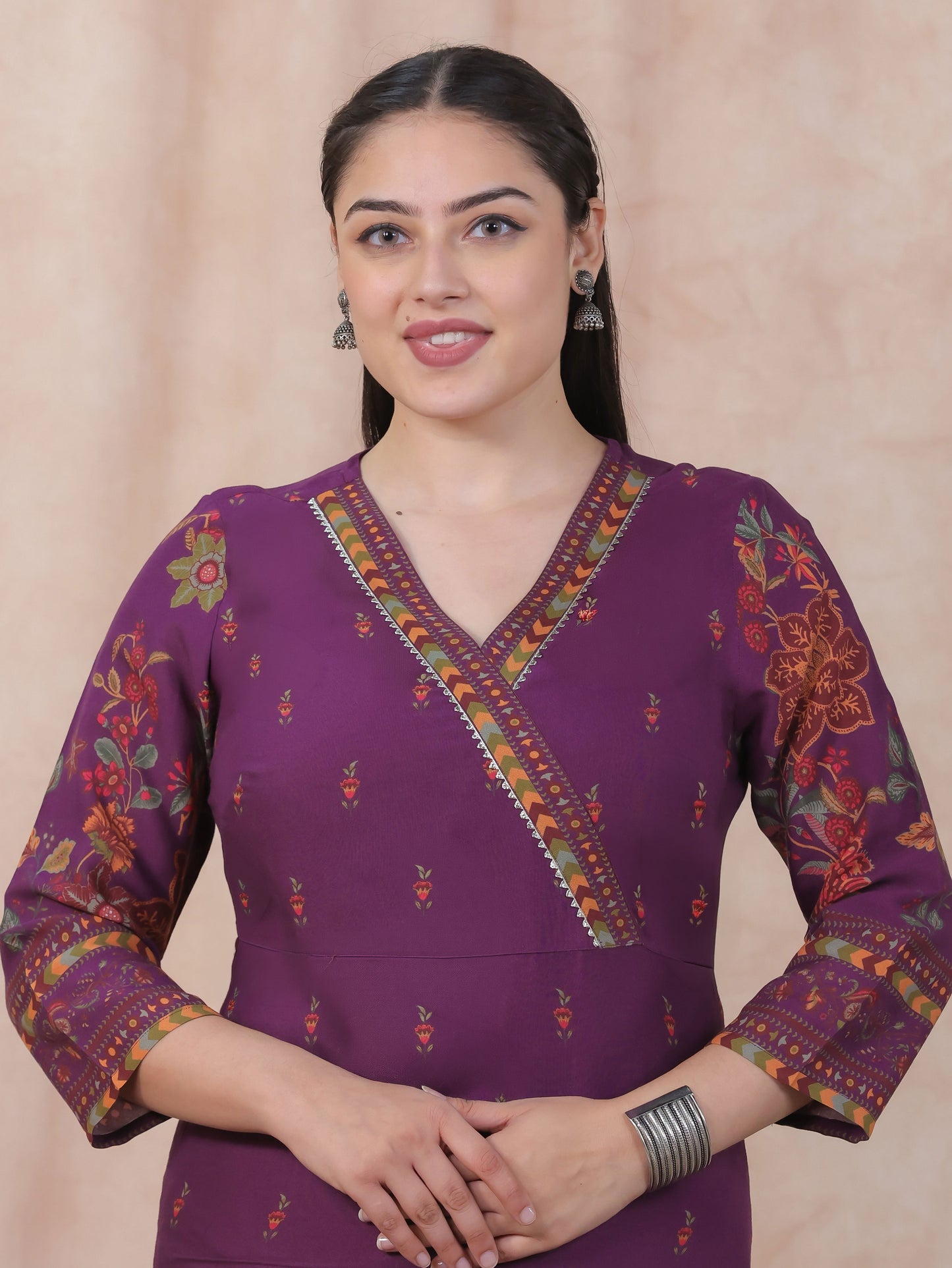 Viscose Placement Print Angrakha Mauve Kurta