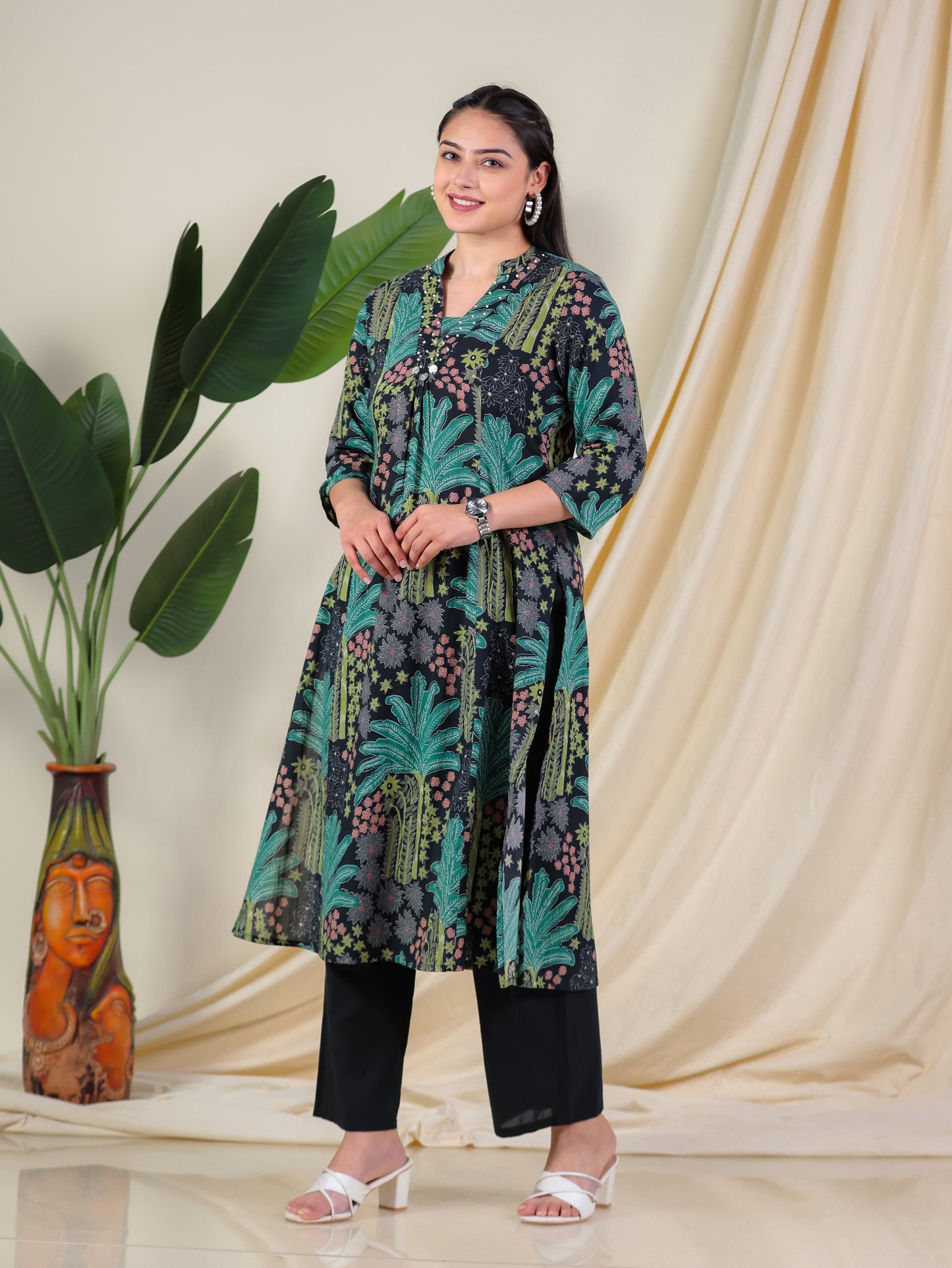 Soft Cotton Foliage Flared Black Kurta