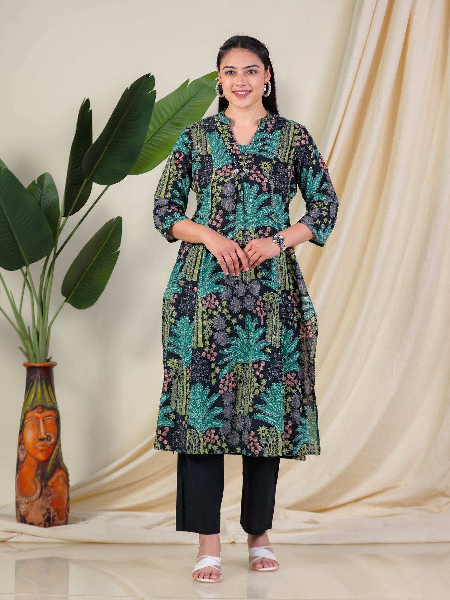 Soft Cotton Foliage Flared Black Kurta