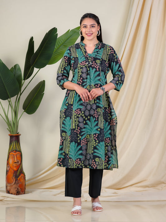 Soft Cotton Foliage Flared Black Kurta