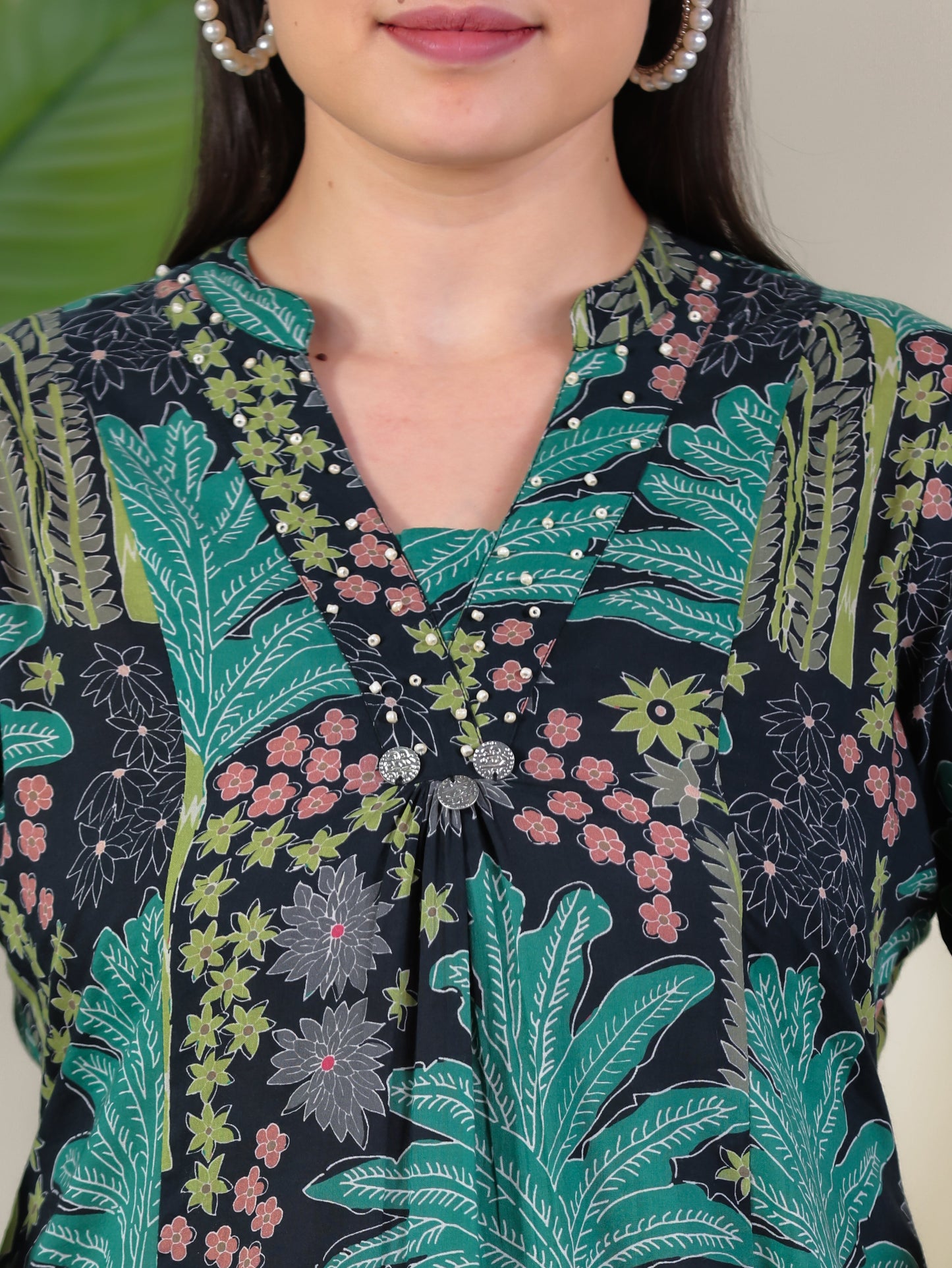 Soft Cotton Foliage Flared Black Kurta