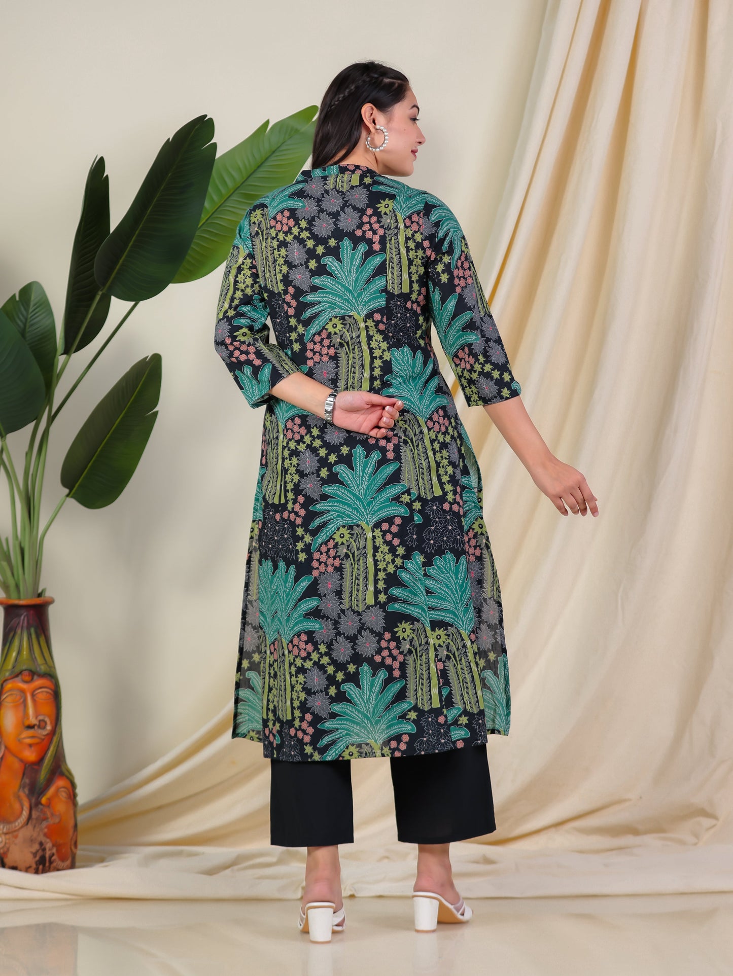 Soft Cotton Foliage Flared Black Kurta