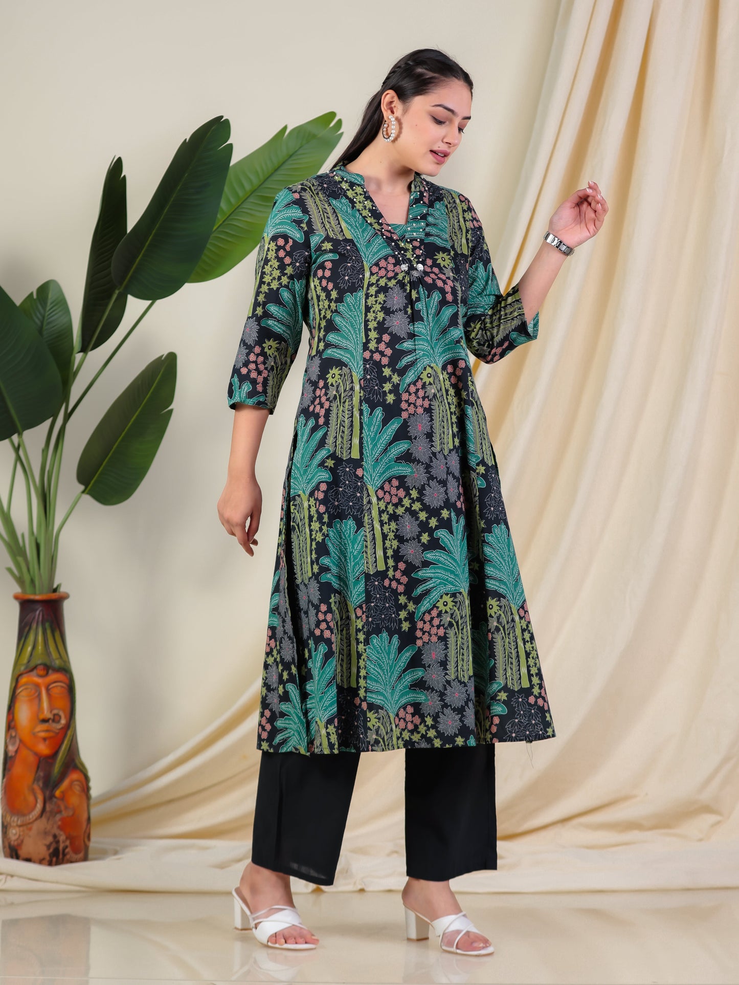 Soft Cotton Foliage Flared Black Kurta