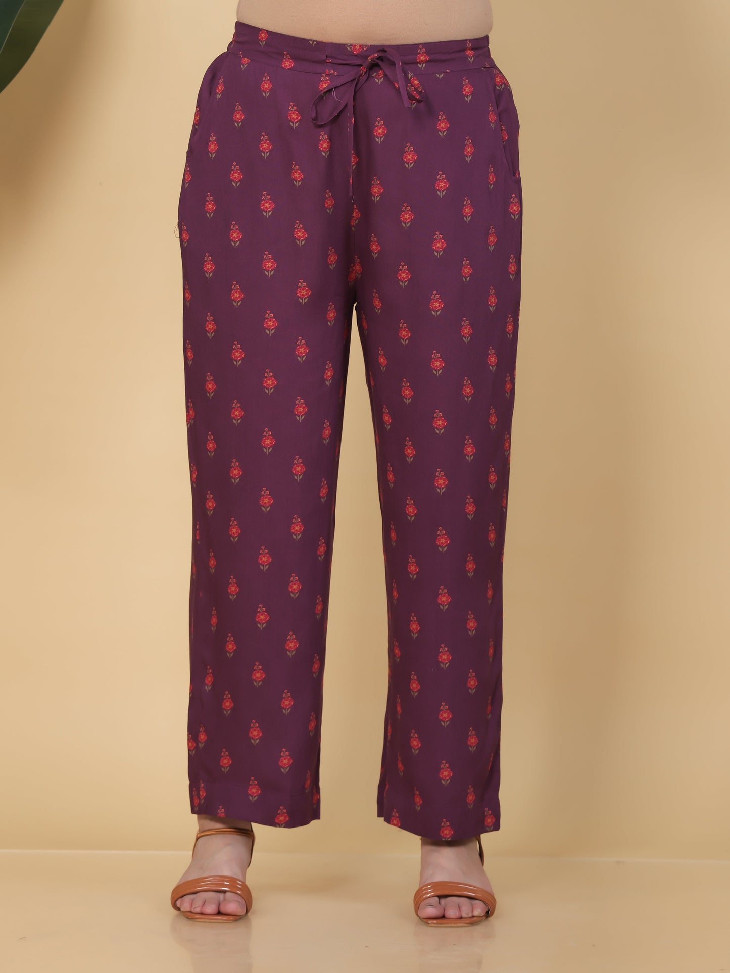Viscose Floral Mauve Straight Straight Trousers