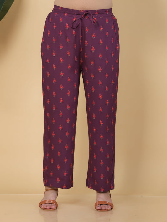Viscose Floral Mauve Straight Straight Trousers
