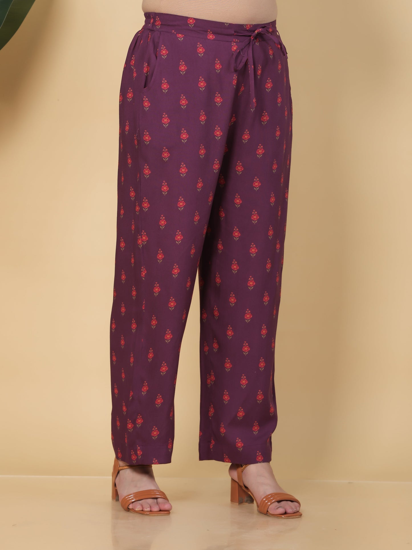 Viscose Floral Mauve Straight Straight Trousers
