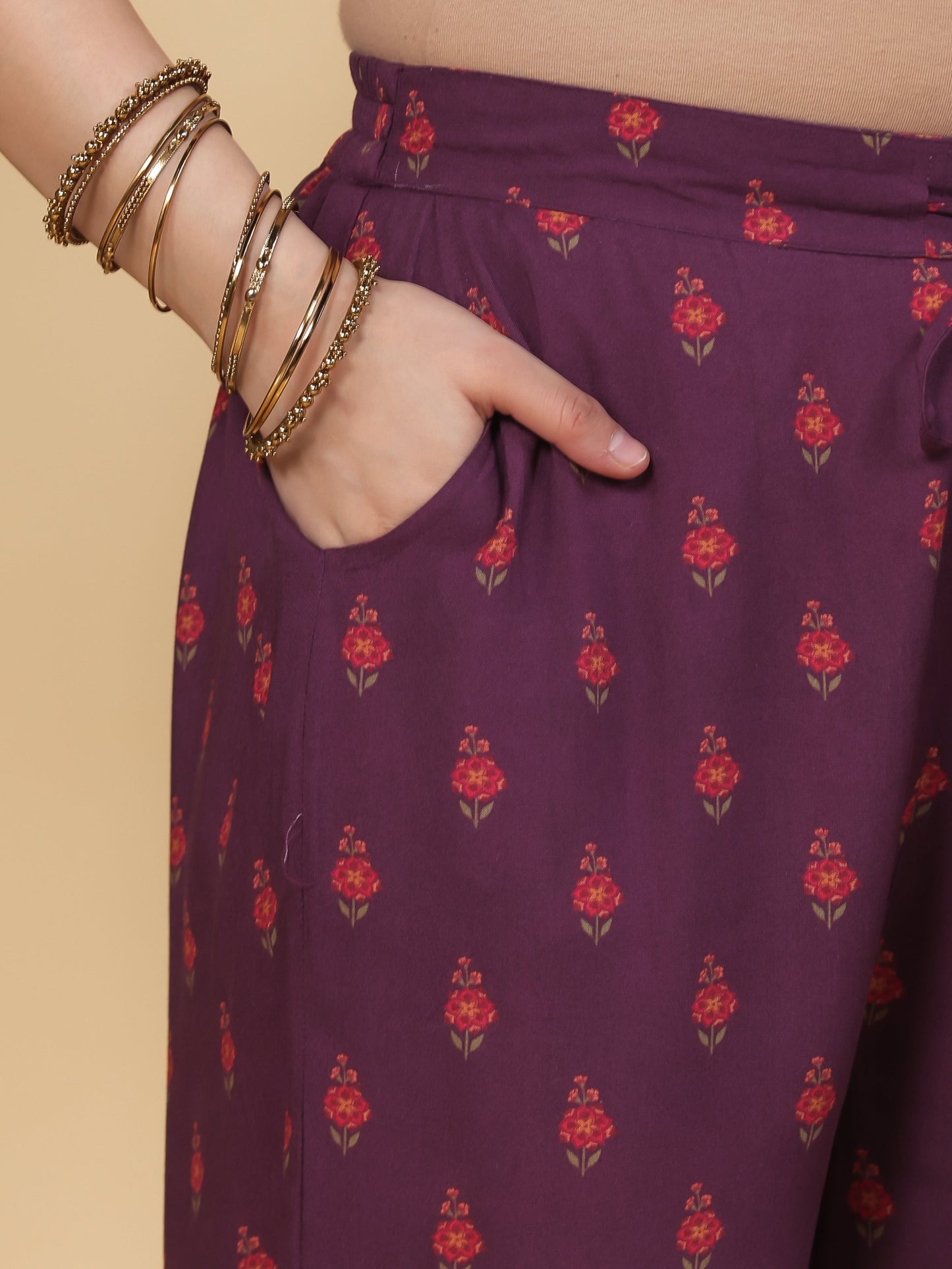Viscose Floral Mauve Straight Straight Trousers