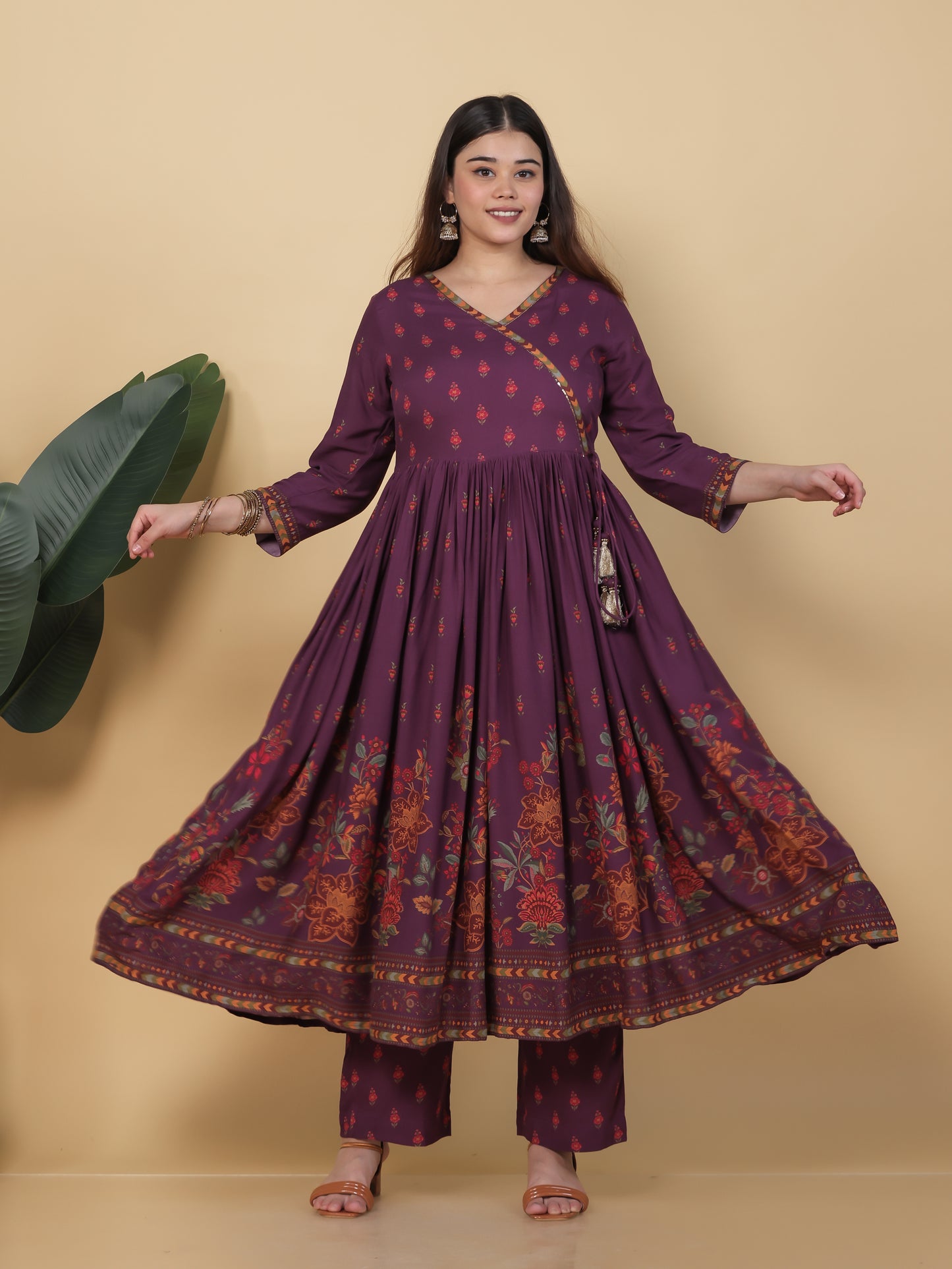 Embroidered Viscose Placement Print Angrakha Mauve Kurta