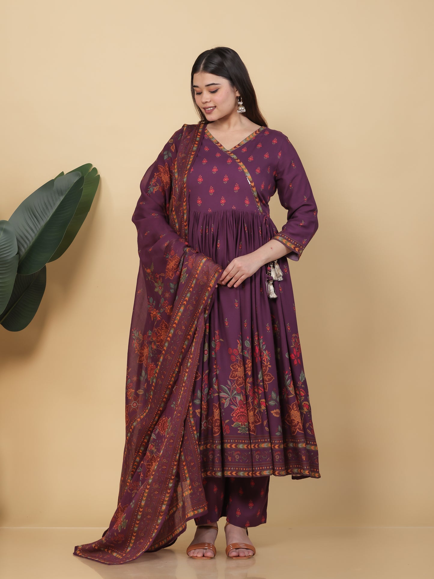 Embroidered Viscose Placement Print Angrakha Mauve Kurta