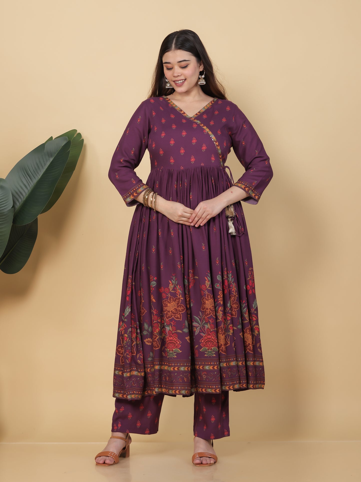 Embroidered Viscose Placement Print Angrakha Mauve Kurta