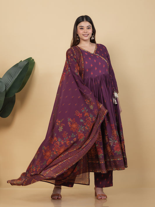 Embroidered Viscose Placement Print Angrakha Mauve Kurta