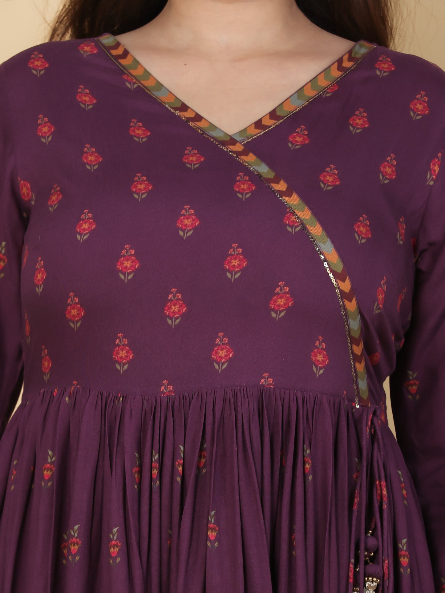 Embroidered Viscose Placement Print Angrakha Mauve Kurta