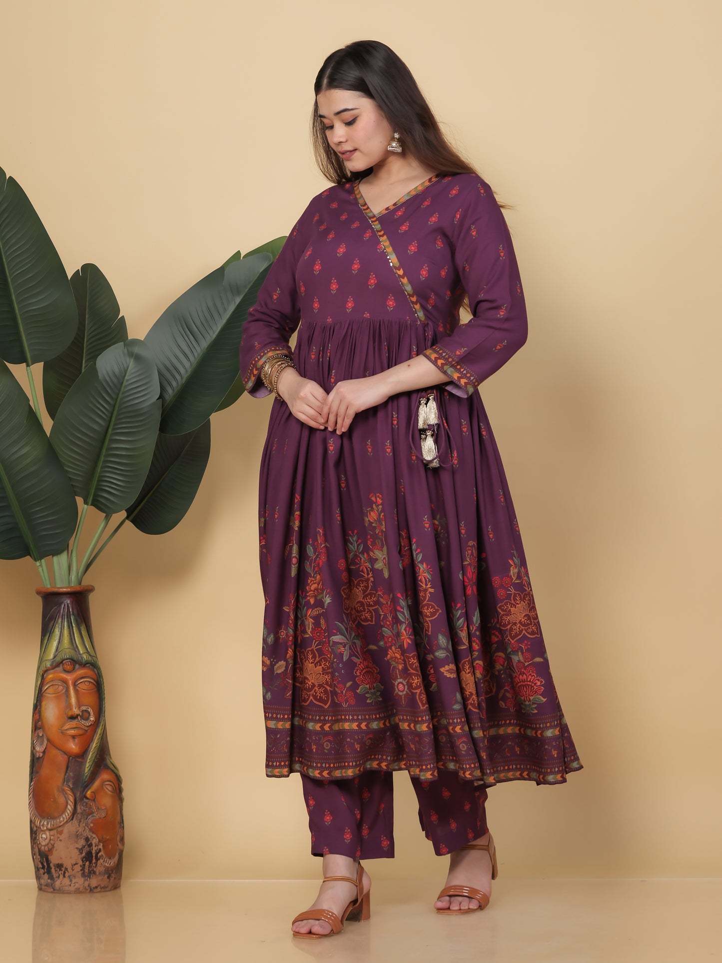 Embroidered Viscose Placement Print Angrakha Mauve Kurta