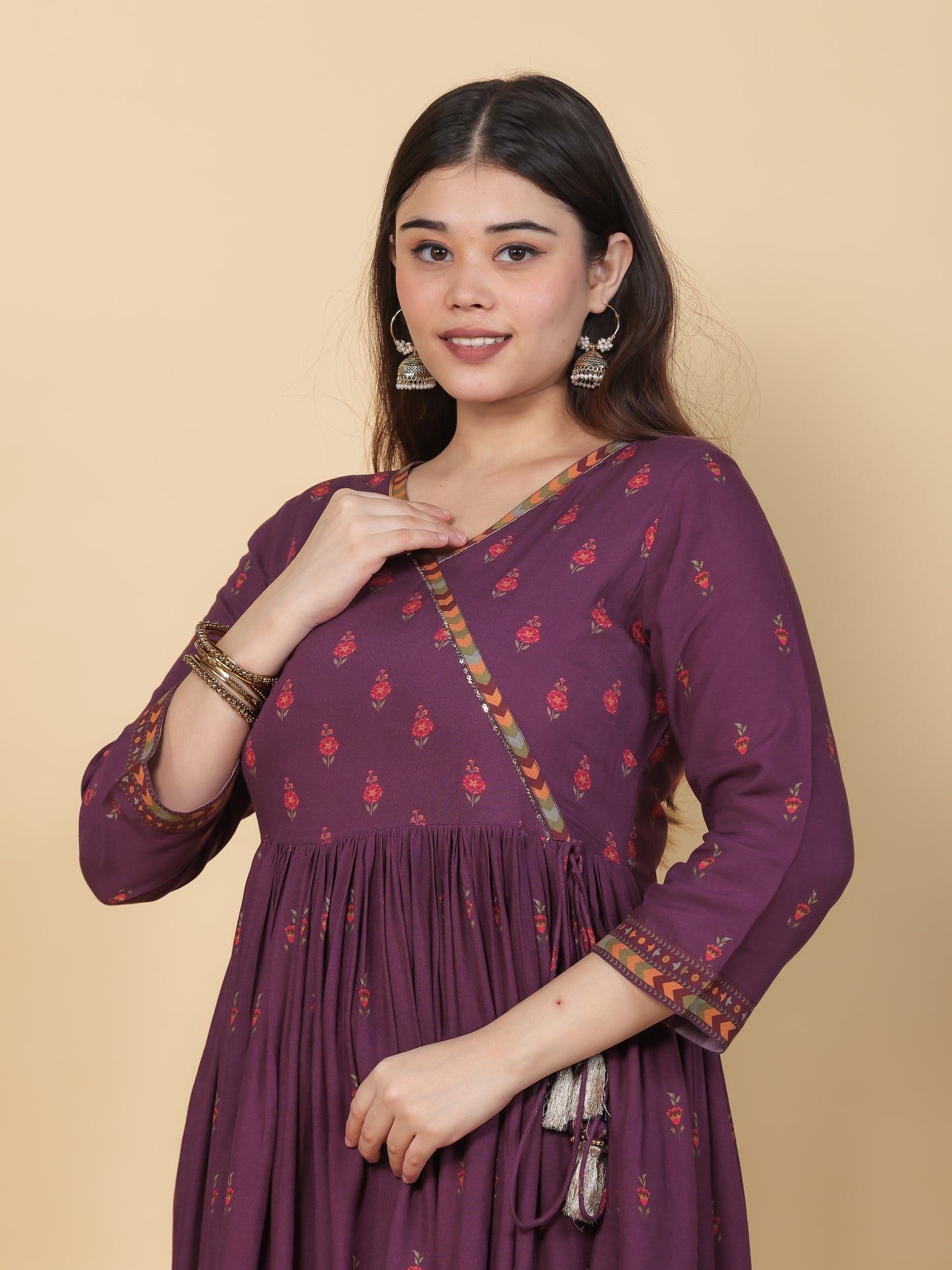 Embroidered Viscose Placement Print Angrakha Mauve Kurta