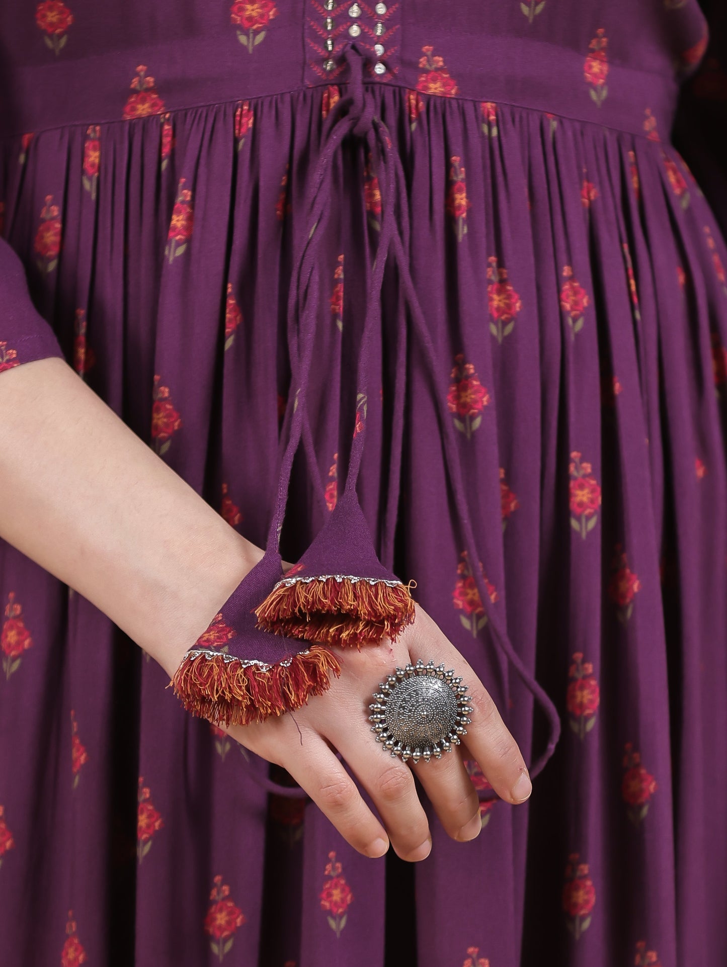 Embroidered Viscose Floral Gathered Purple Dress