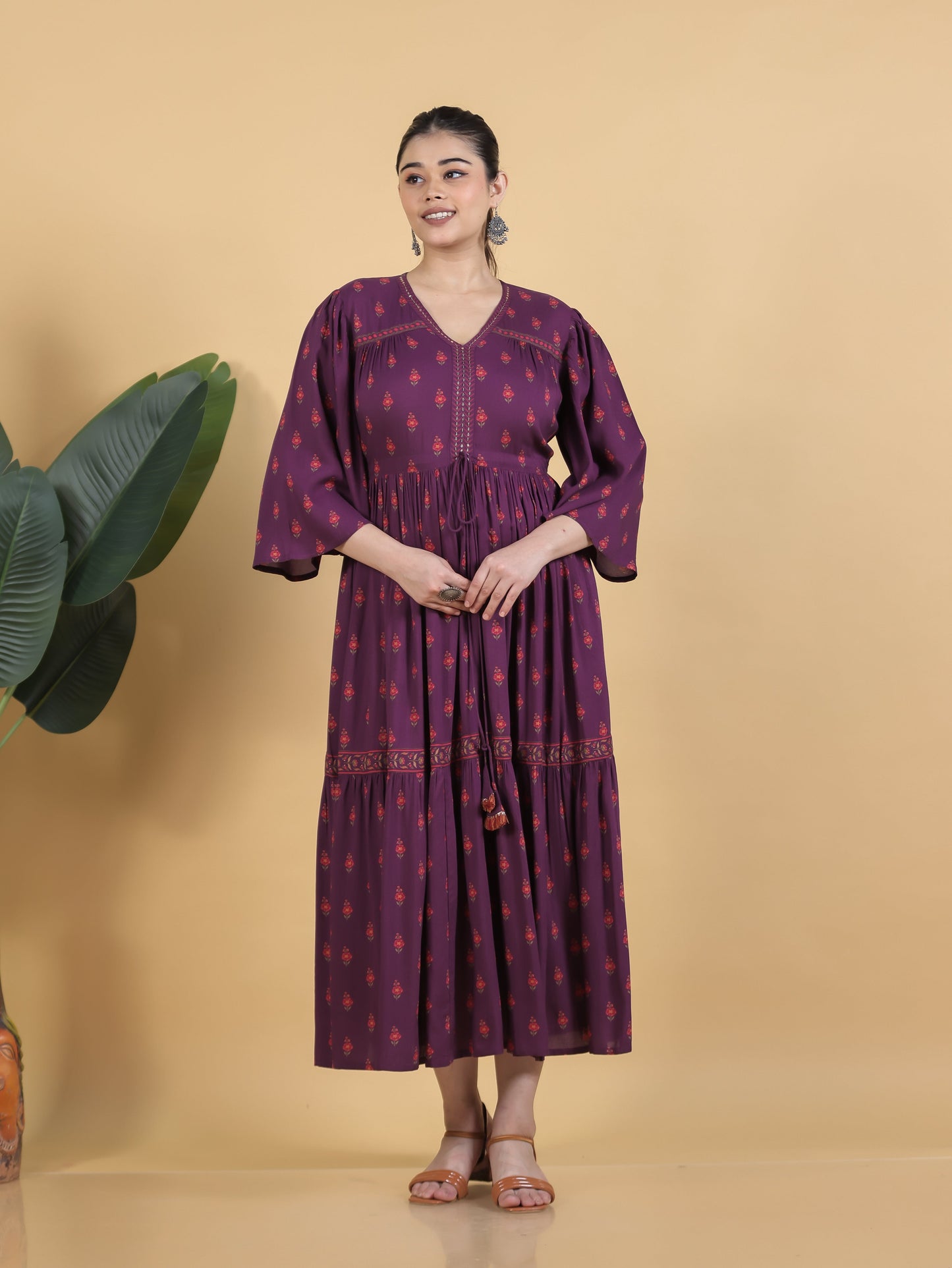 Embroidered Viscose Floral Gathered Purple Dress