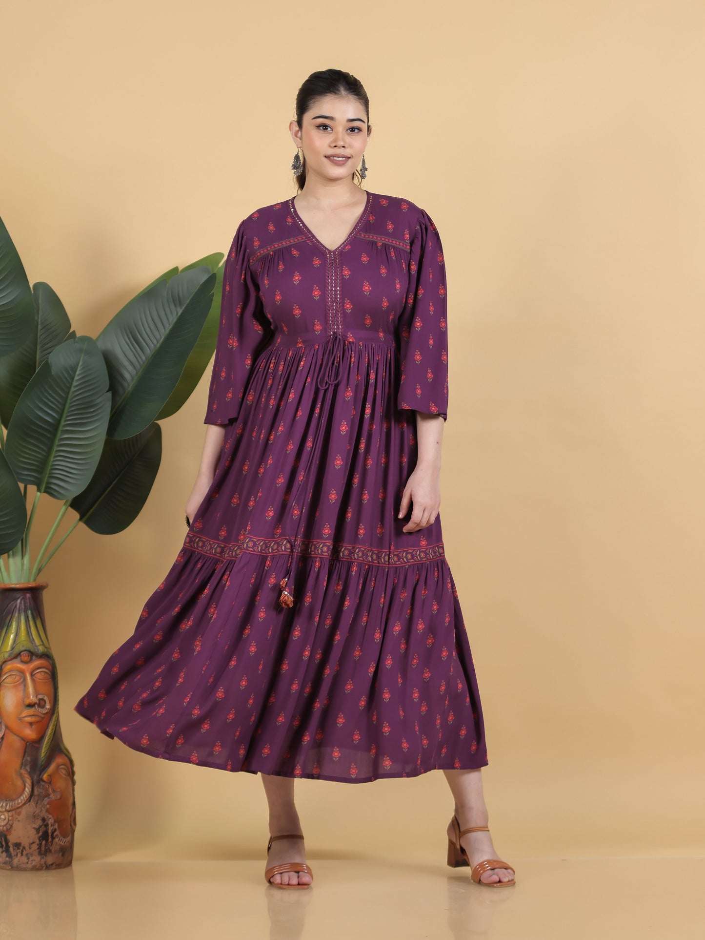 Embroidered Viscose Floral Gathered Purple Dress