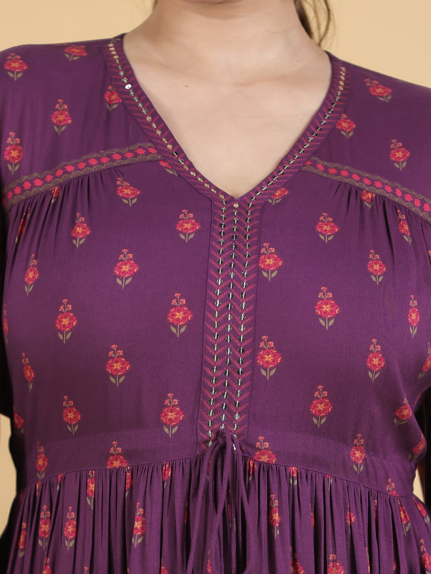 Embroidered Viscose Floral Gathered Purple Dress