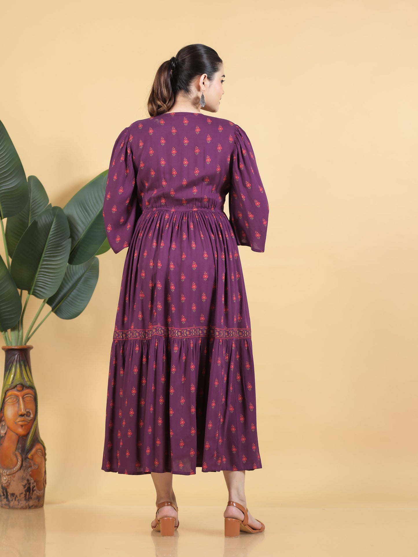 Embroidered Viscose Floral Gathered Purple Dress