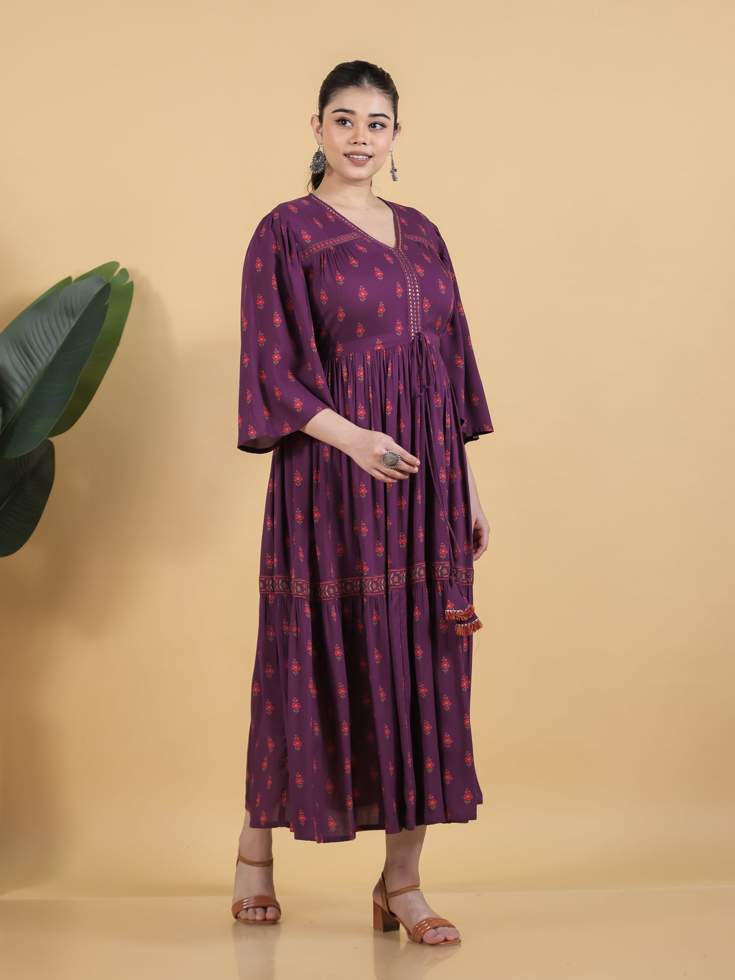 Embroidered Viscose Floral Gathered Purple Dress
