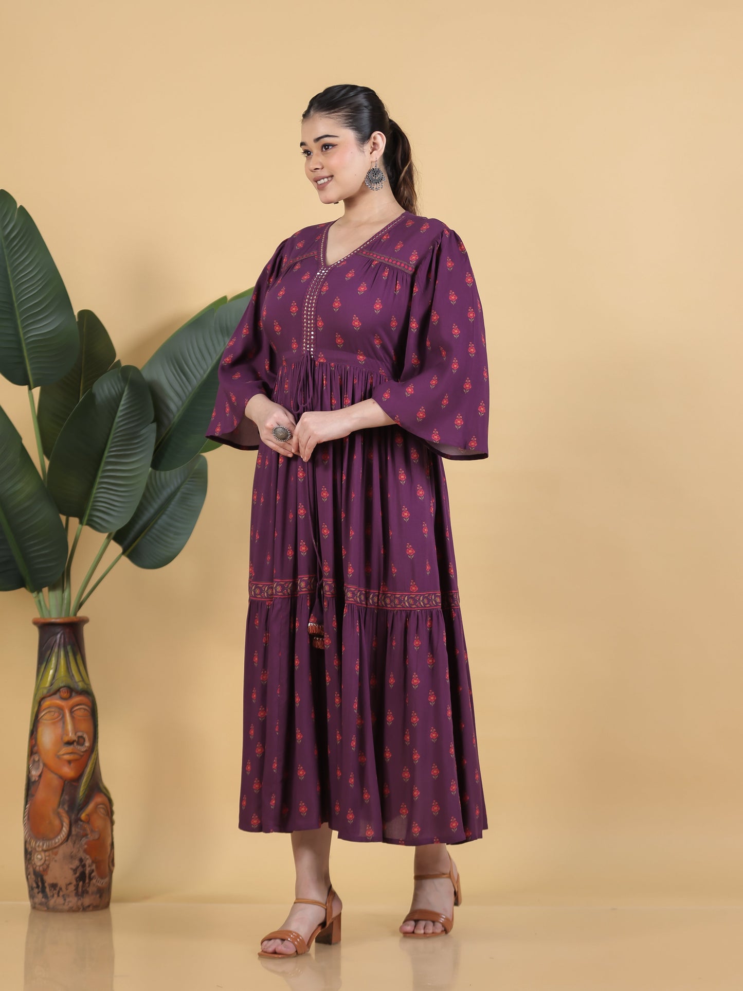Embroidered Viscose Floral Gathered Purple Dress