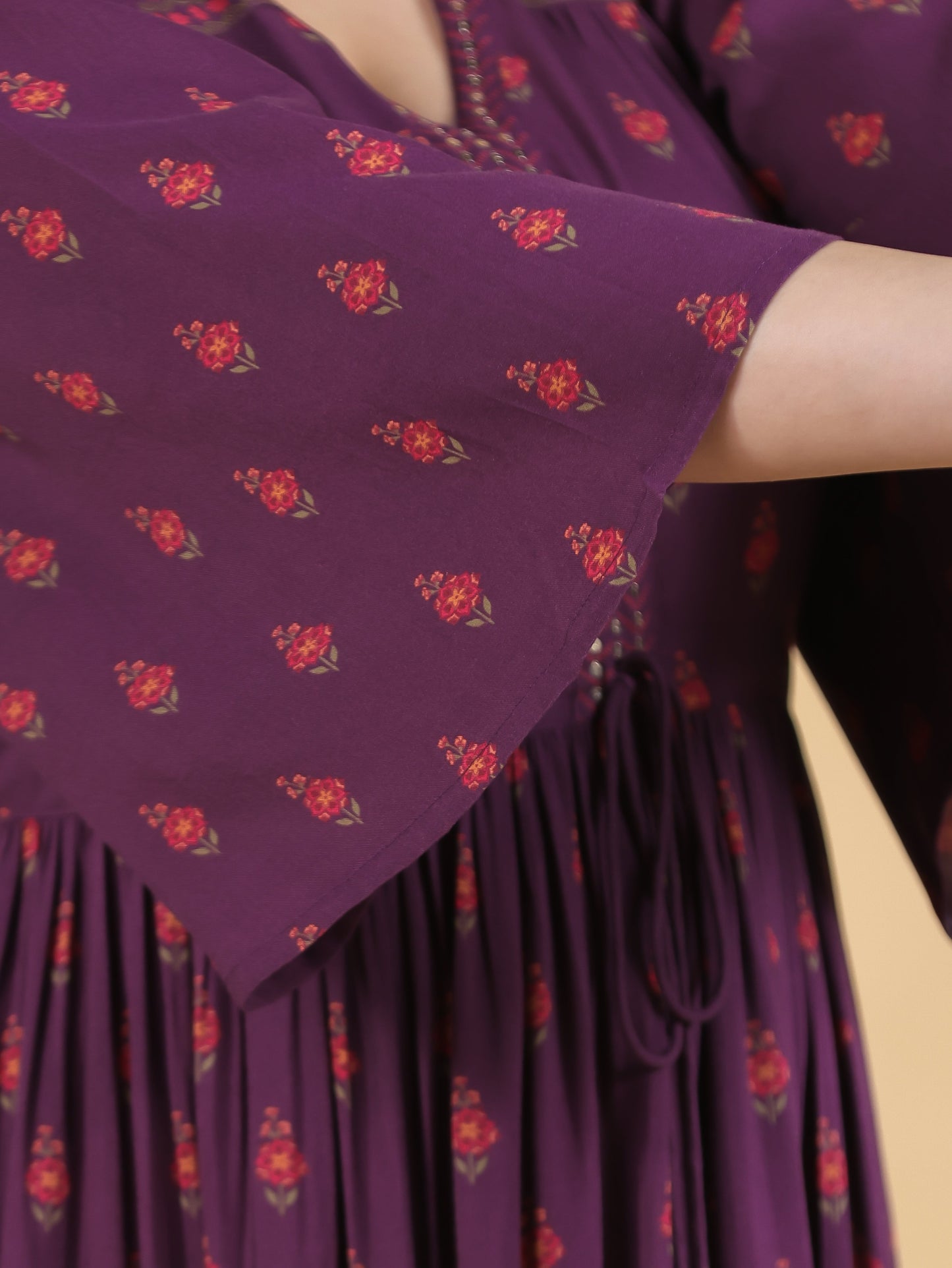 Embroidered Viscose Floral Gathered Purple Dress