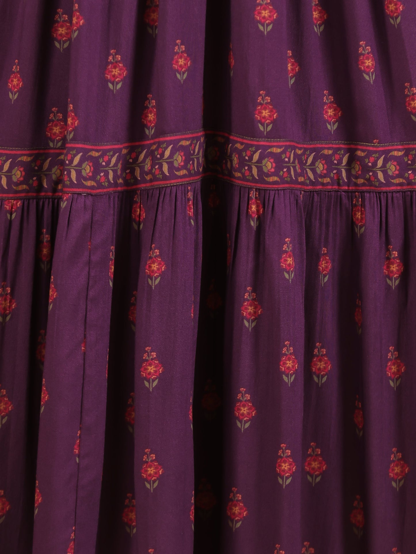 Embroidered Viscose Floral Gathered Purple Dress