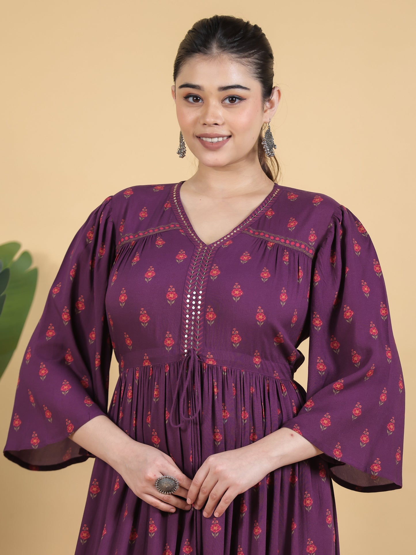 Embroidered Viscose Floral Gathered Purple Dress