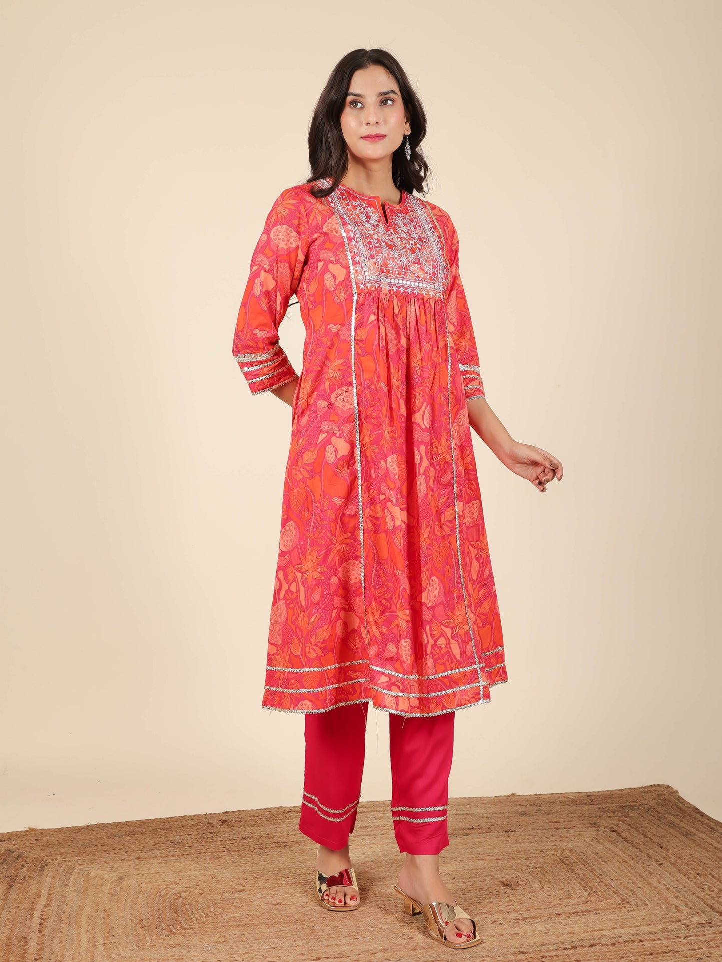 Soft Cotton Floral Panelled Orange Kurta