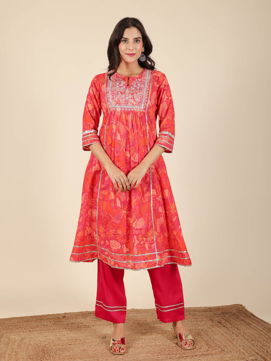 Soft Cotton Floral Panelled Orange Kurta