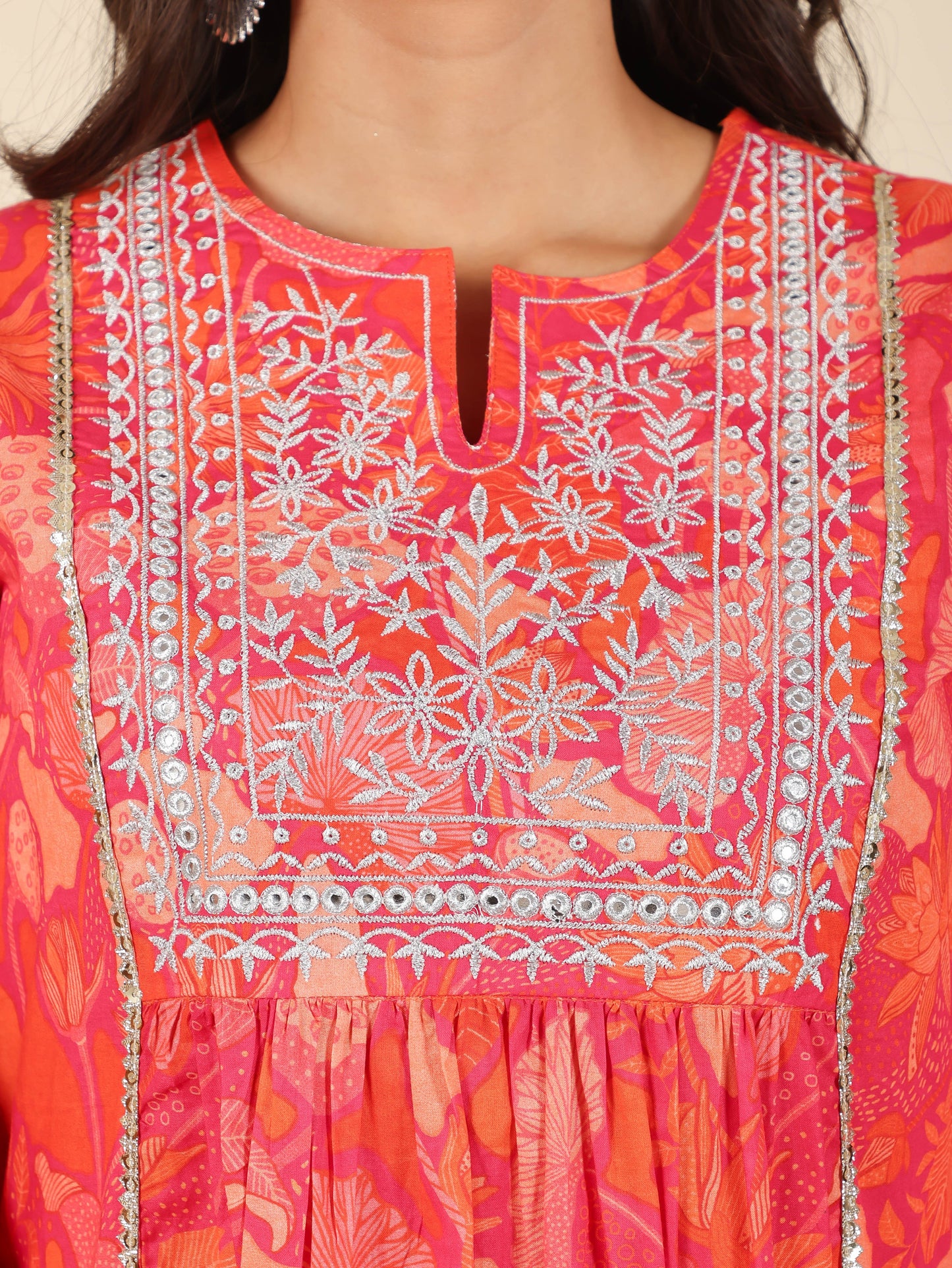 Soft Cotton Floral Panelled Orange Kurta